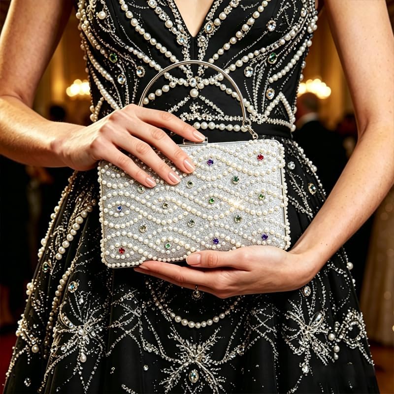 Wave Pearl Crystal Hard Shell Evening Clutch with Handle image 3