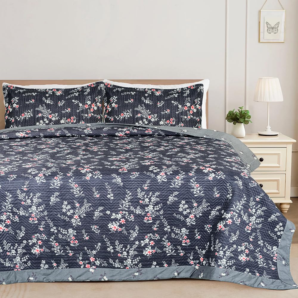 BSB HOME 100% Cotton Quilted/Ultrasonic 280 Tc Printed King Size Bed Cover/Bedsheet/Bedspread Comforter with 2 Pillow Shams/Cover, (Luxurious, 90 x100 inches, Floral Dark Grey)-image-27