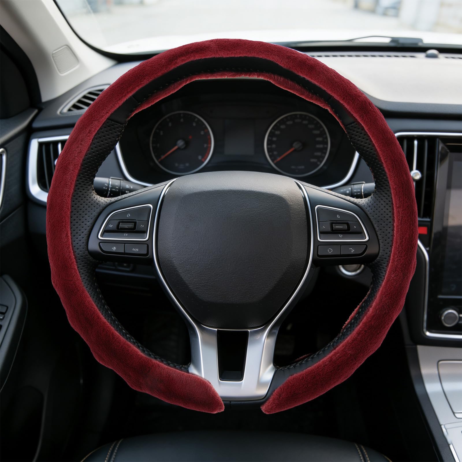 Warmer Plüsch Lenkradbezug 38cm Rot für Auto und LKW