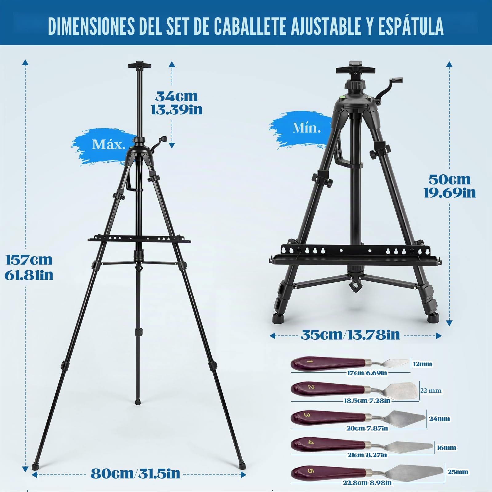 Caballete para Pintar y Exposición 50-157 cm con Manivela, Caballete Plegable de Hierro con Bolsa + 5 Espátulas de Acero, para Acrílico, Óleo y Acuarela (Negro)