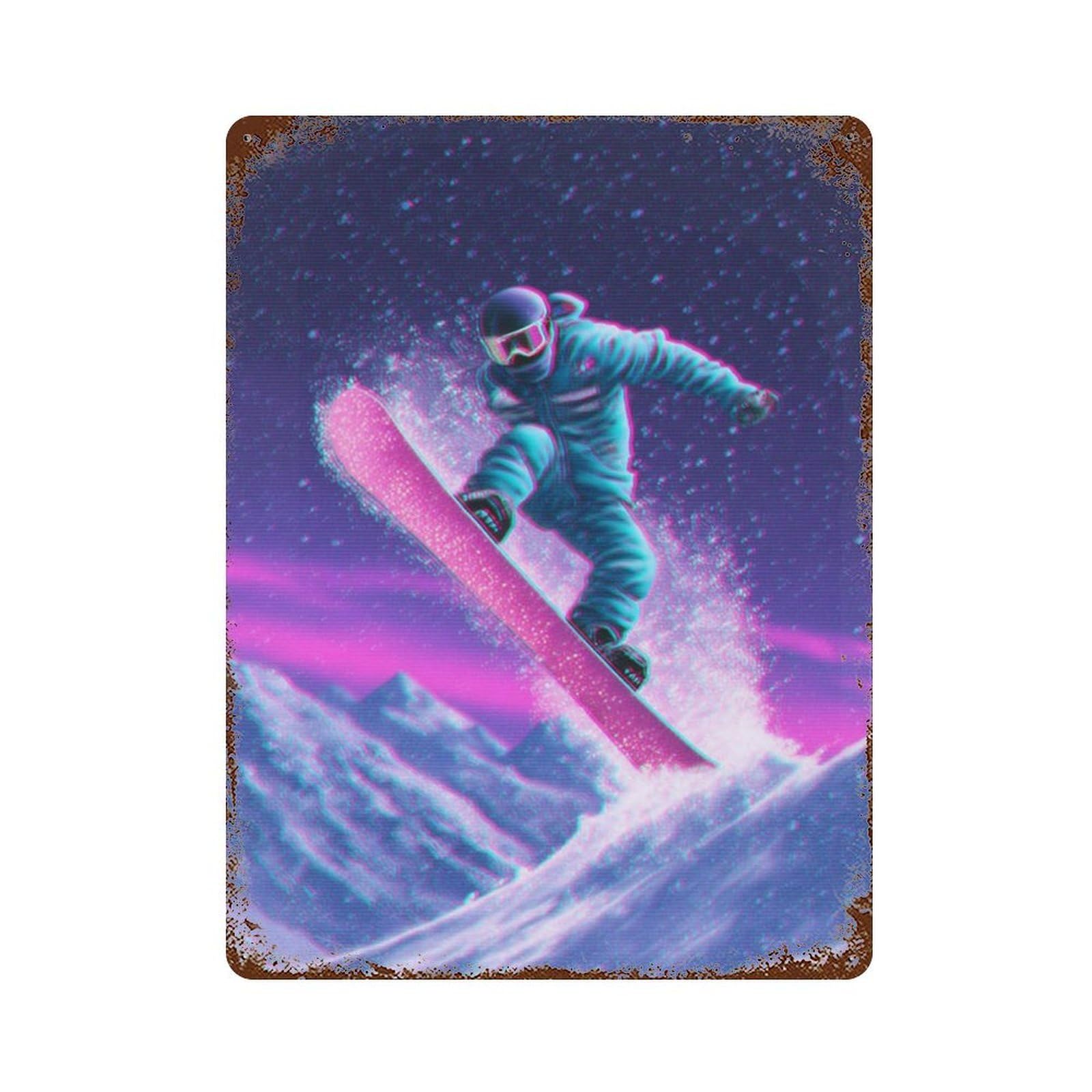 Neon Snowboarder in Action 15.7"x11.8" Rustic Tin Plaque, Retro Wall Decor for Garage, Bar And Workshop Decor