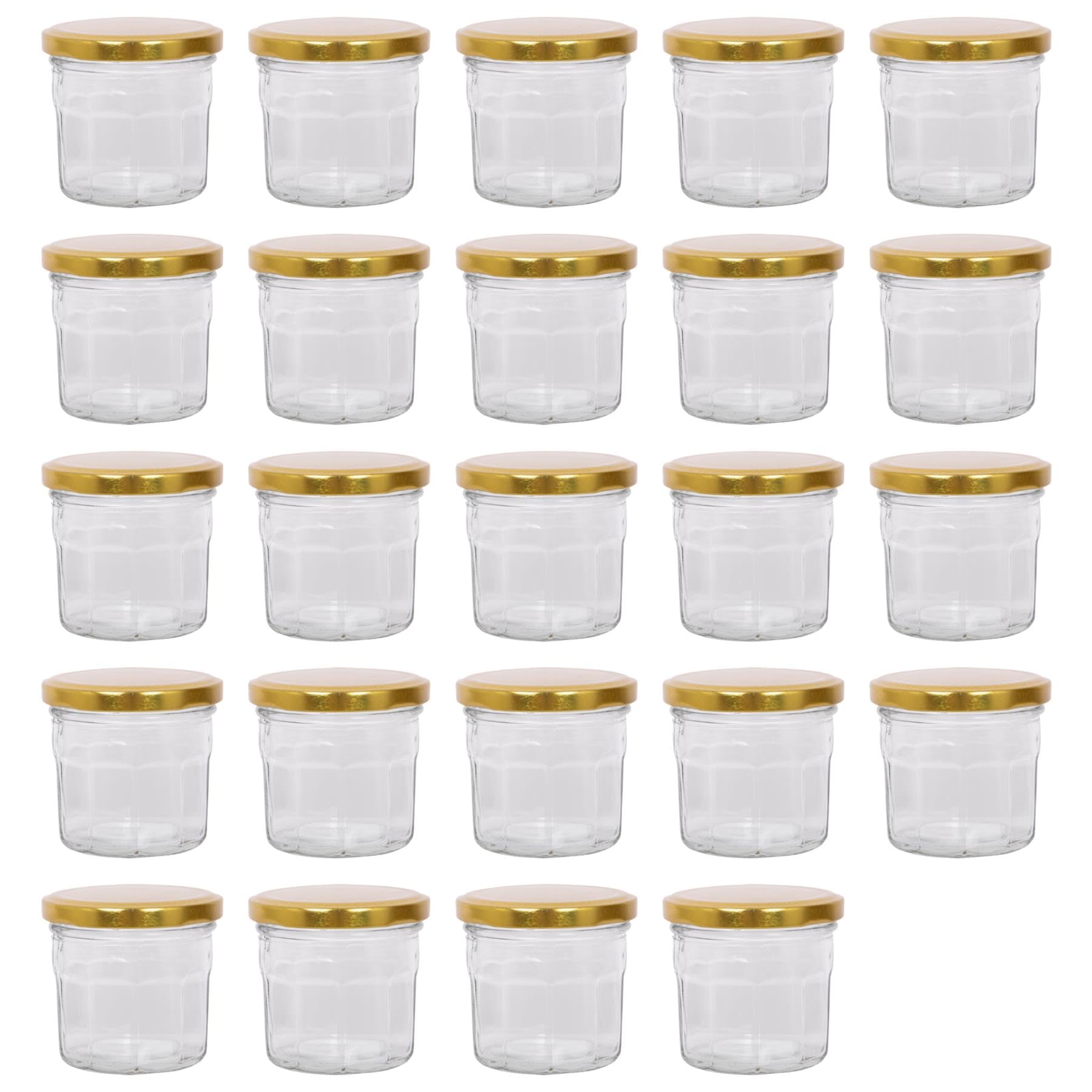 Argon Tableware Gold Lid Glass Jam Jars With Airtight S - 130Ml - Pack Of 24 - Empty Screw Top Kitchen Storage Jar For Food, Honey, Spice, Pickling, Preserving, Candle Making