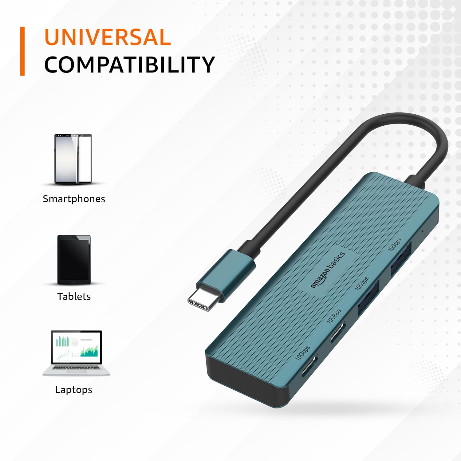 Amazon Basics 4-in-1 USB-C Hub demonstrating universal compatibility with smartphones, tablets, and laptops