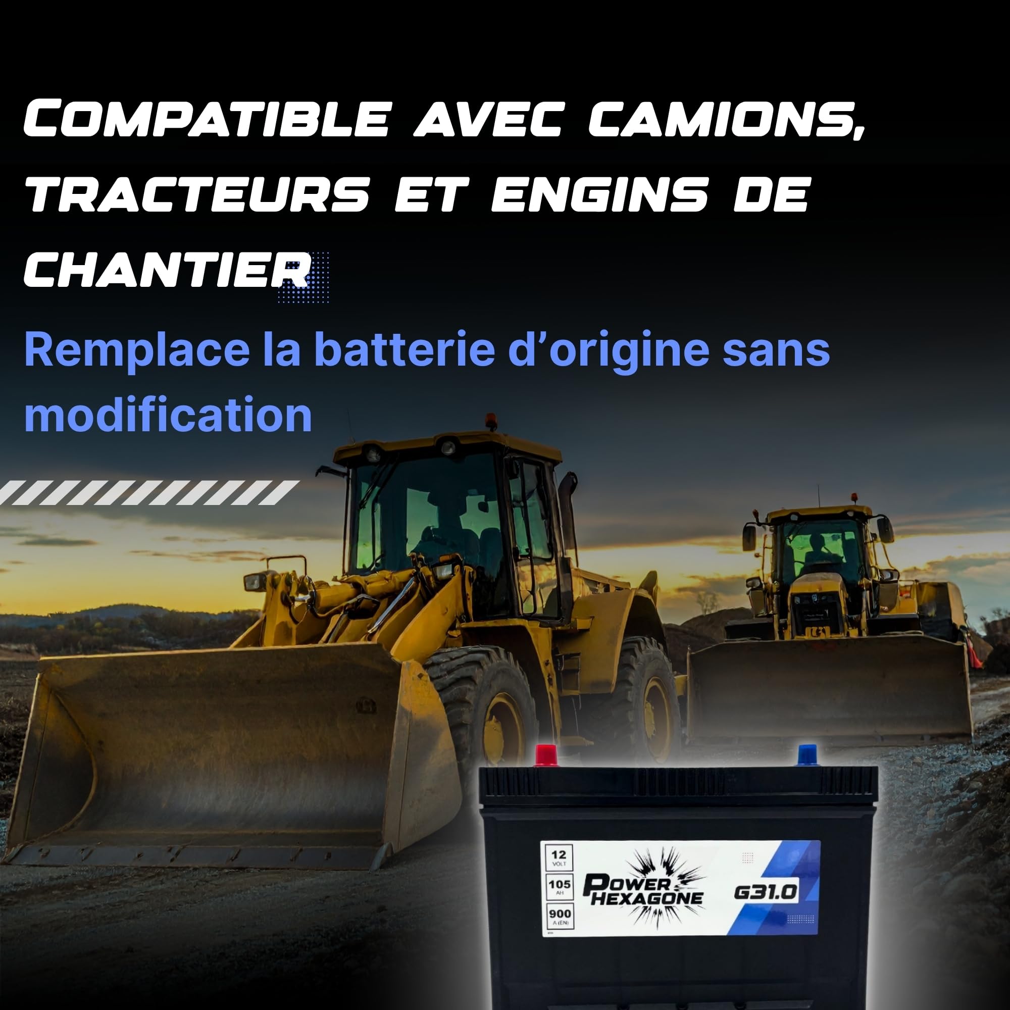 Batterie 12V 110Ah LOT7 - Démarrage 800A - Batterie Poids Lourd Sans Entretien - Format LOT7 Compatible Camion, Tracteur, Engin de Chantier - Remplacement Origine - Power Hexagone
