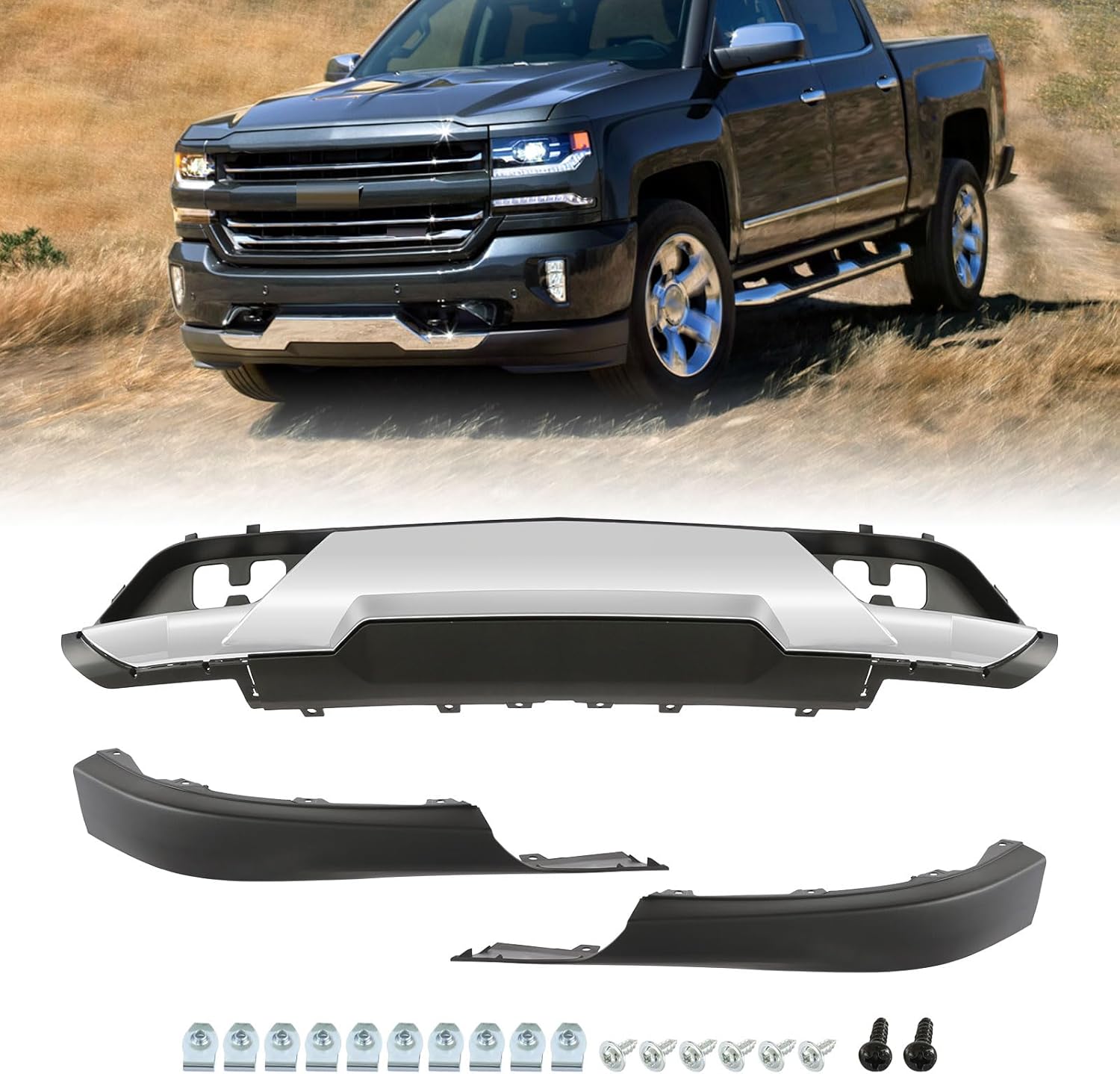 Front Bumper Valance with Chrome Skid Plate Fit For 2016-2019 Chevrolet Silverado 1500 with Z71&Tow Hook Holes&Skid Plate&Mounting Screws