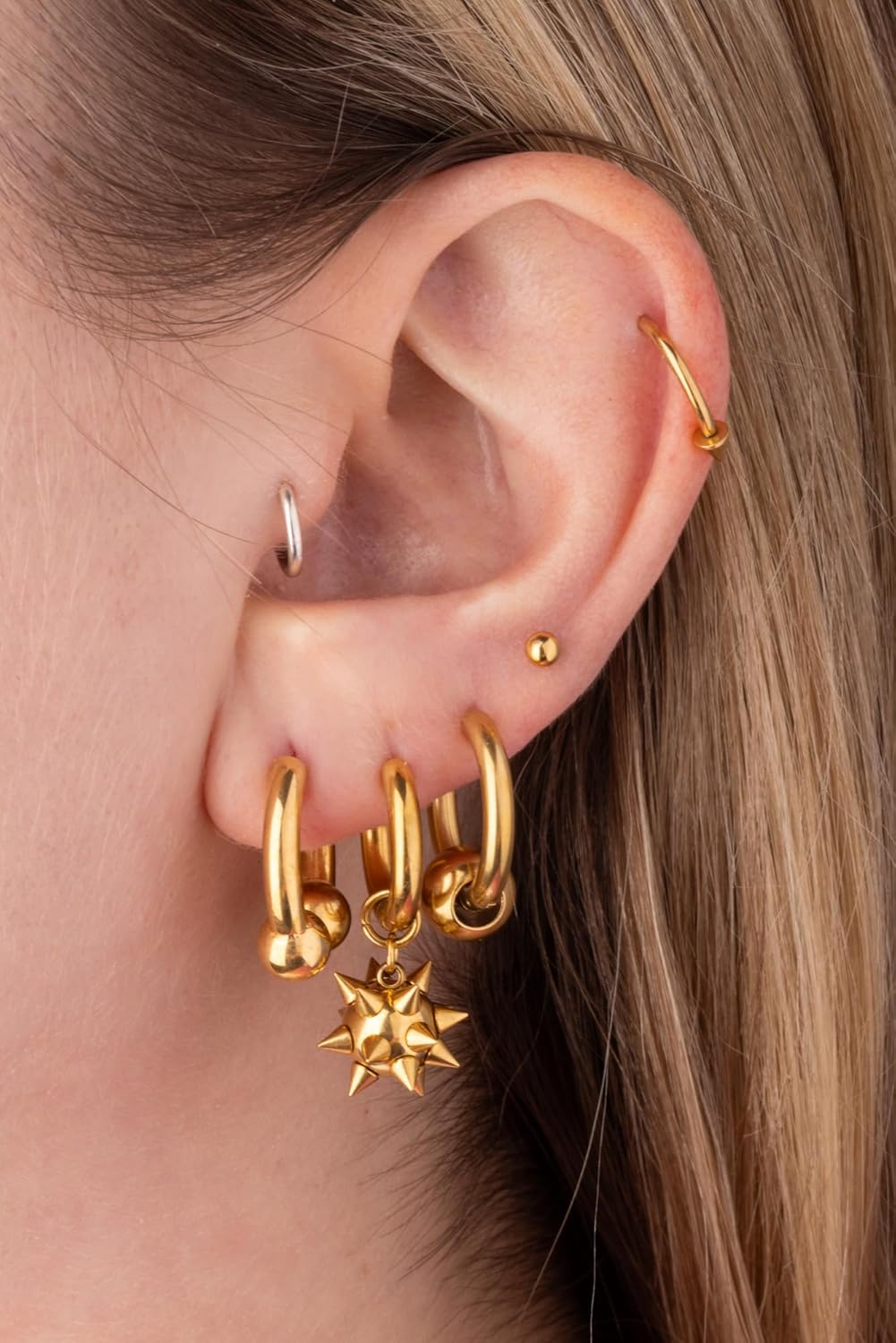 20GA 316L Stainless Steel Spiked Ball Dangling Huggie Hoop Earrings, Sold as a Pair - Image 3