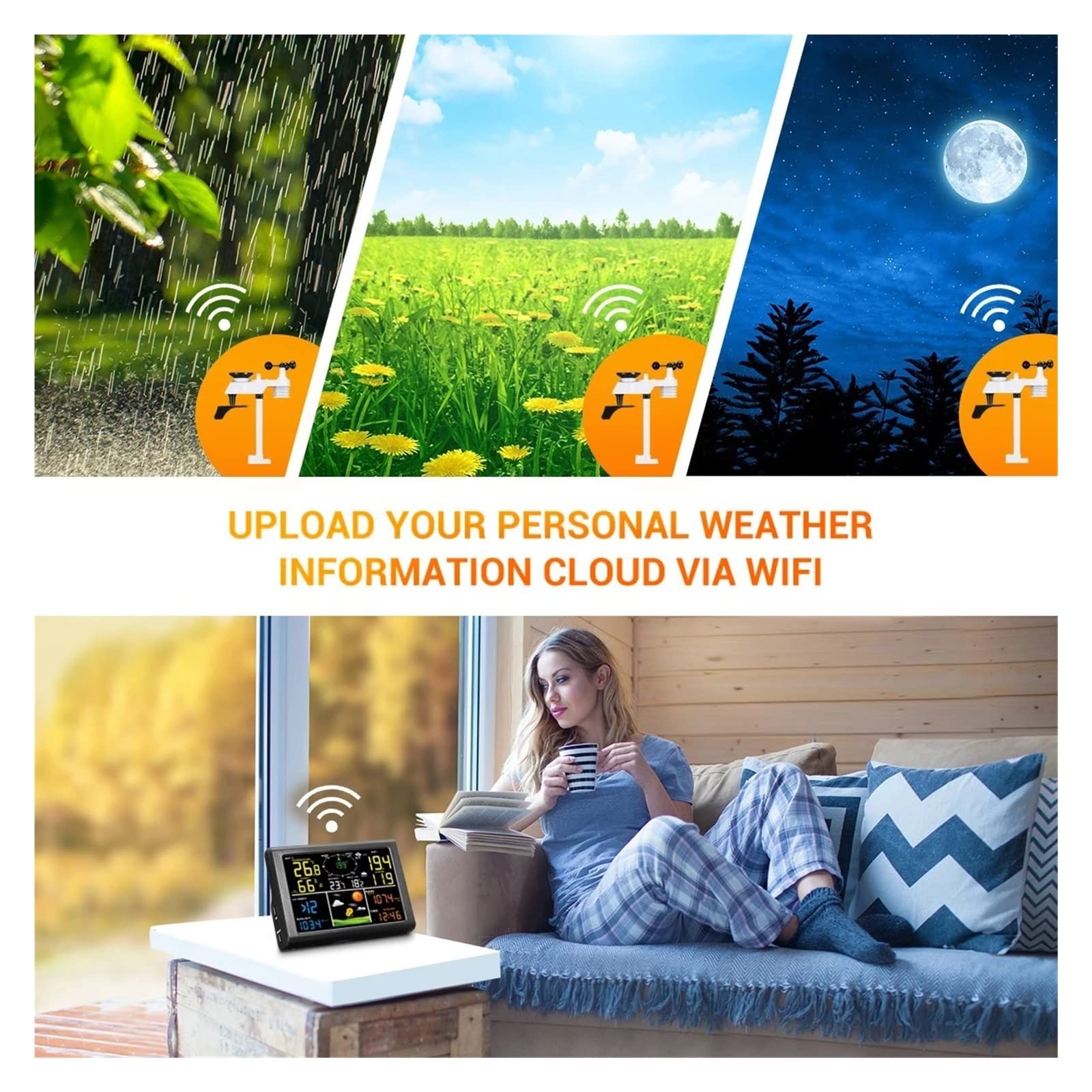 Stazione Meteo Professionale, Stazione meteo Internet wireless con sensore esterno Pluviometro Previsioni Vento Sveglia digitale Barometro Colore