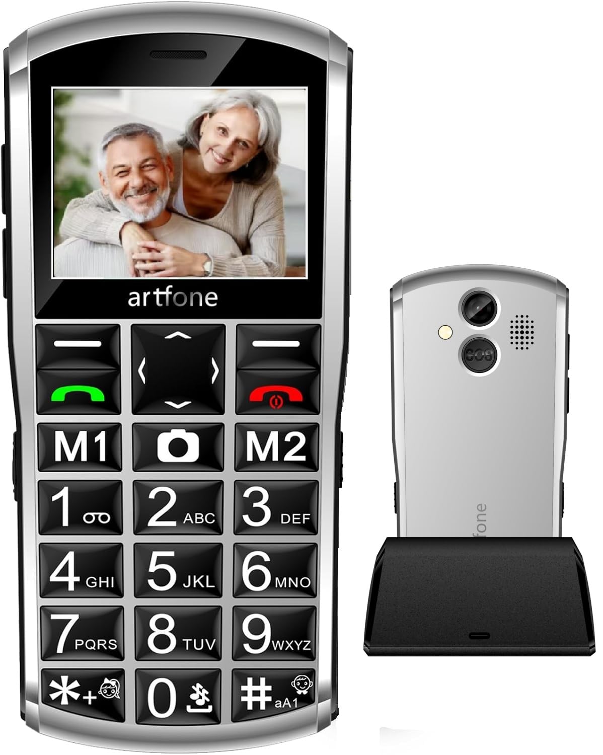 artfone A400 Argento - 4G Telefono Cellulare per Anziani con Tasti Grandi丨Funzione SOS丨Chiamata Rapida丨Volume Alto丨Base di Ricarica丨Funzione di orario丨Doppia SIM丨Fotocamera丨Batteria da 1800 mAh