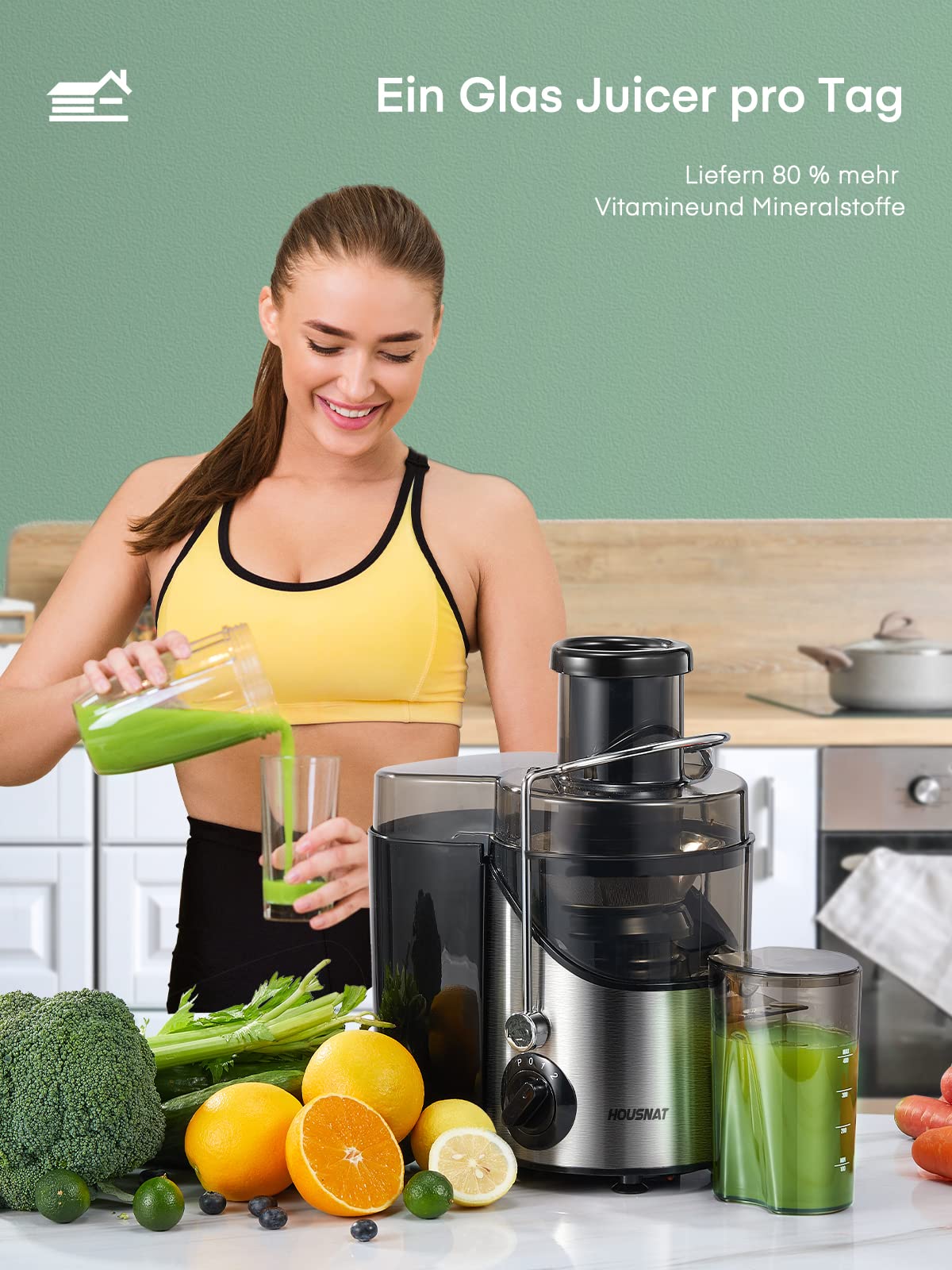 HOUSNAT Entsafter Gemüse und Obst, Max 800W Juicer Machine aus Edelstahl mit 3 Geschwindigkeitsstufen, 65mm Großem Mund Zufuhrschacht Zentrifugal Entsafter, Leicht zu Reinigen, BPA-frei, 400W
