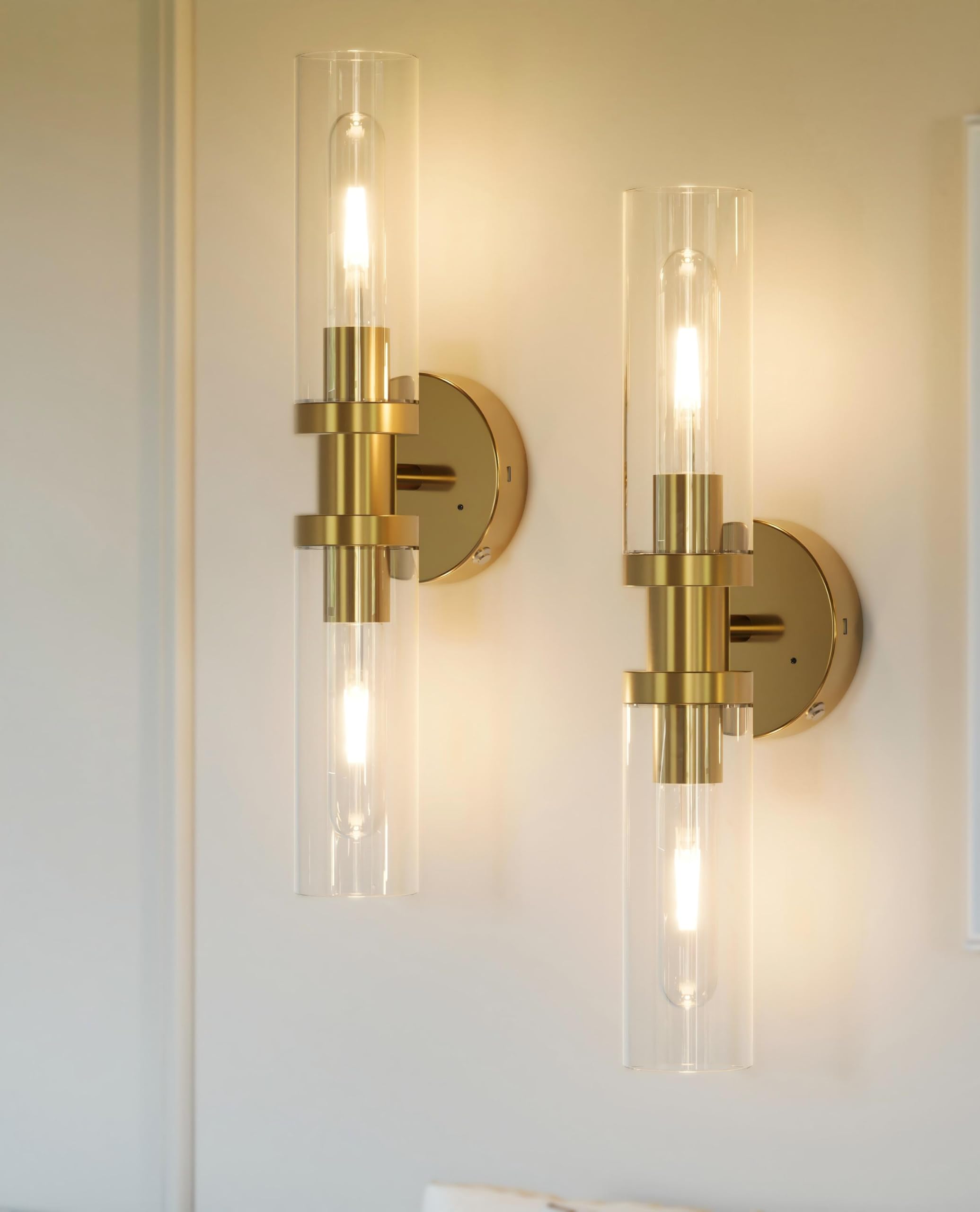 Wall Sconces Set of Two, ETL Certified, Gold Bathroom Wall Sconces with Clear Glass Modern Hardwired Wall Light fixtures for Bathroom Mirror Living Room Entryway Hallway(Bulbs Not Include)