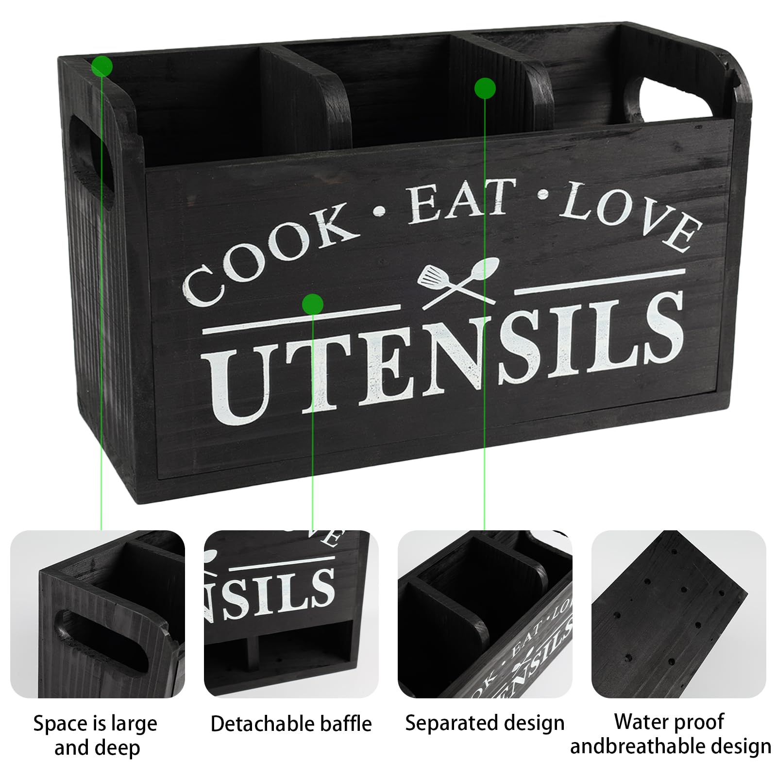 Gzsekken Kitchen Utensil Holder Rustic Utensils Holder Large 3 Compartments with Drainage Bottom Wooden Utensil Holder Cutlery Caddy Farmhouse Wooden Cooking Tools Storage for Countertop Black - Image 2