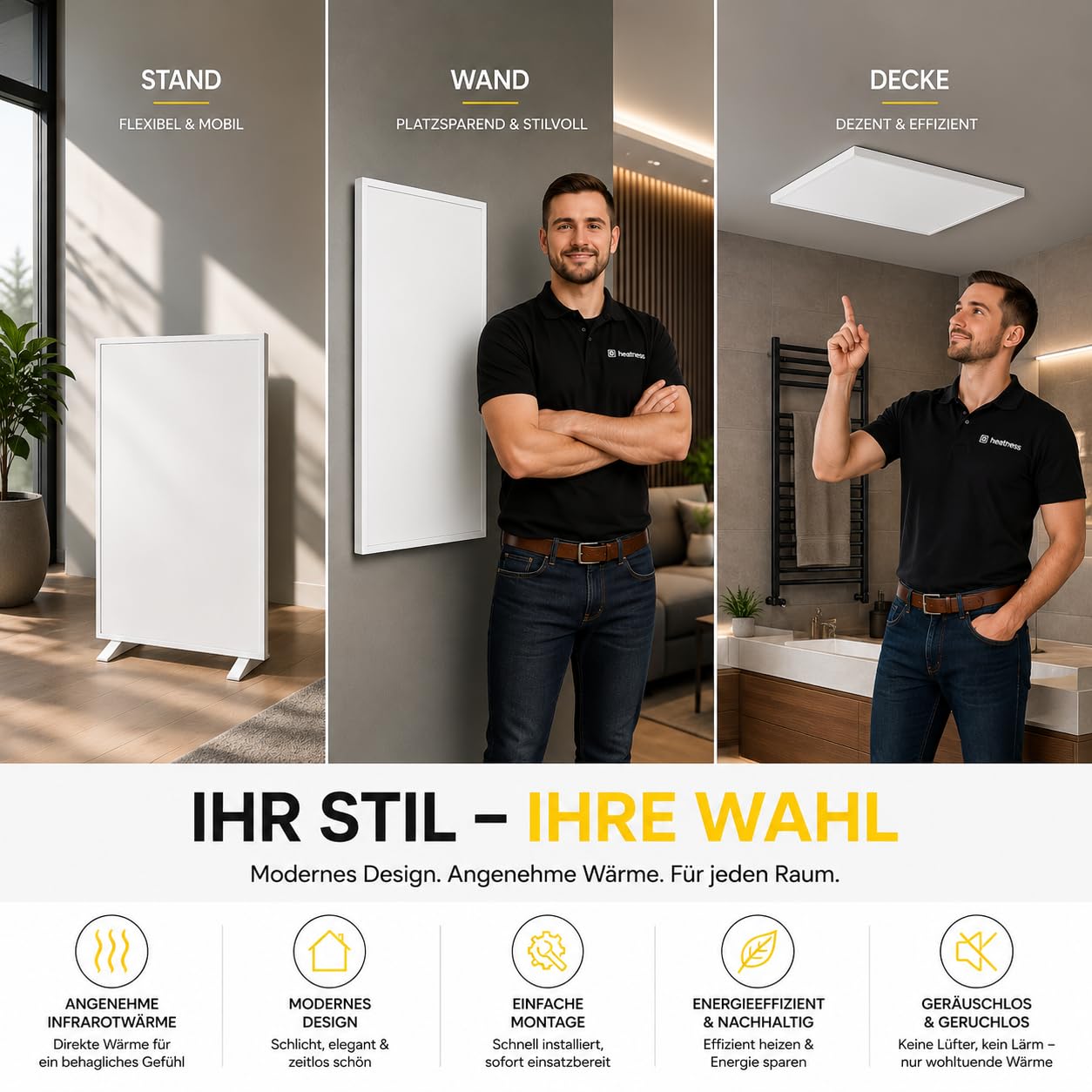 heatness Ogrzewanie na podczerwień o mocy 450 W, 60 x 90 cm – możliwość indywidualnego zastosowania (ogrzewanie ścienne, ogrzewanie sufitowe lub jako urządzenie stojące) do 10 m² (z termostatem)