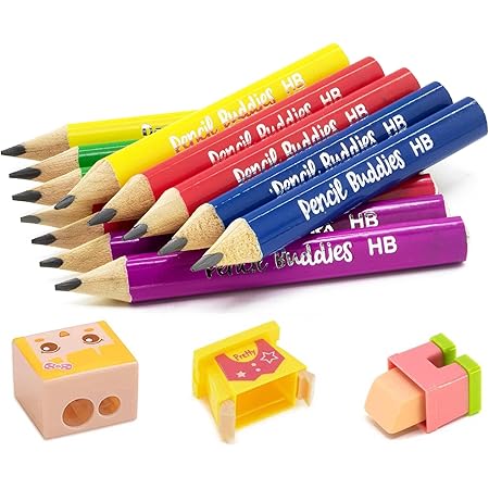 Short Jumbo Pencils for Kids, Preschoolers, Kindergarten, Toddlers, & Beginners - 12 Fat Pencils and 1 Sharpener & Eraser, Pencils #2, Triangle Grip, Big Pencils, Kids Pencils (Color DIY)