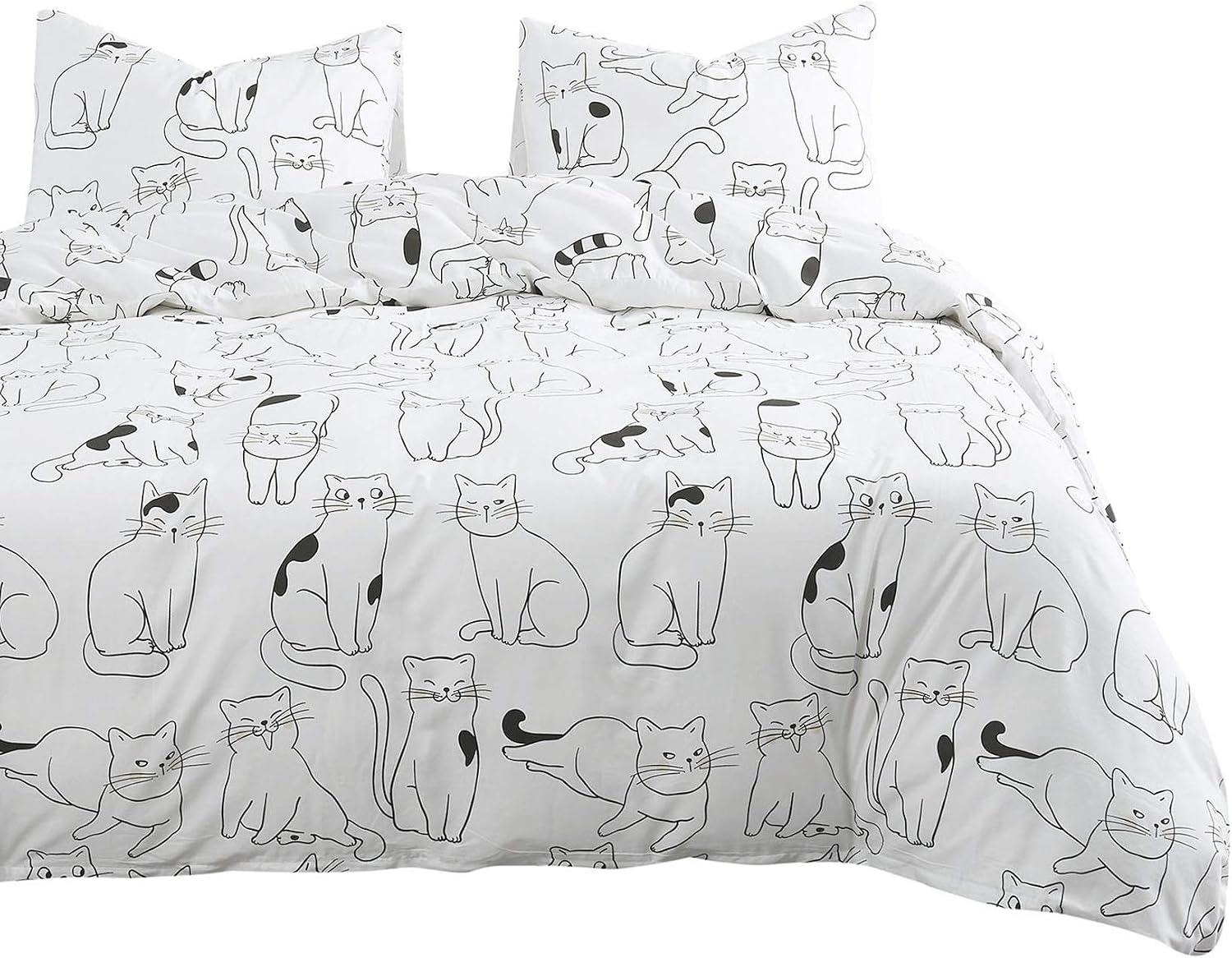 Wake In Cloud - Cats Comforter Set, 100% Cotton Fabric with Soft Microfiber Fill Bedding, White with Cats Drawing Pattern Printed (3pcs, Queen Size)