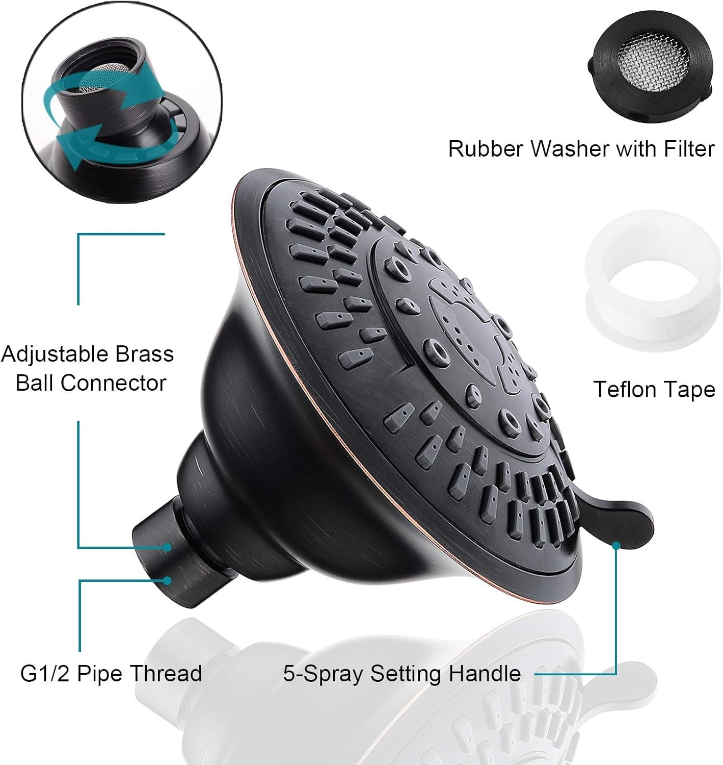 BRIGHT SHOWERS 5 Inch Shower Head Extension Arm Matching 5 Spray Setting Fixed Shower head Angle Adjustable Bathroom Showerhead…