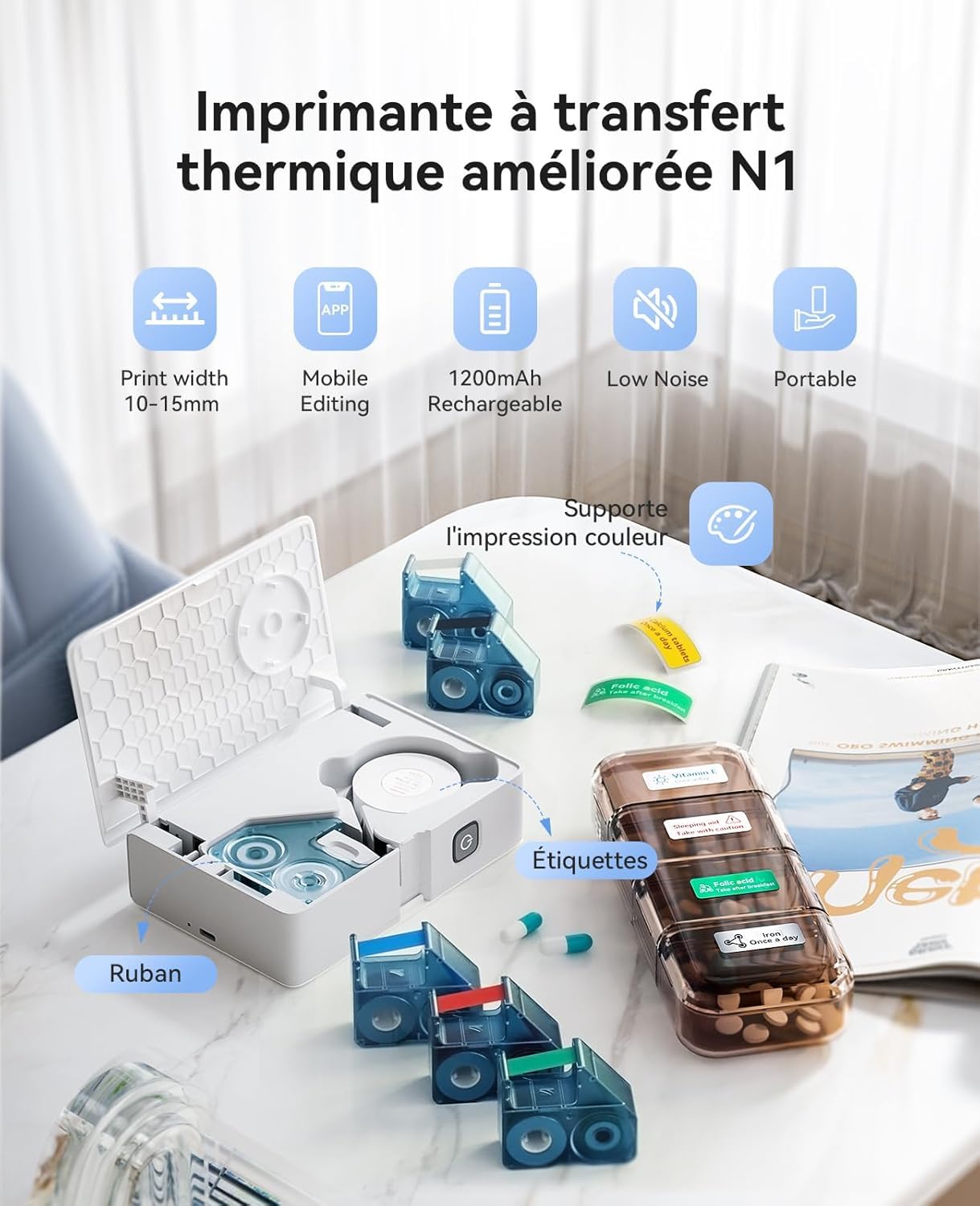 NIIMBOT B18/N1 étiqueteuse, Ruban imprimante d'étiquettes avec Ruban Noir et étiquettes Blanches, Supporte l'impression Multicolore