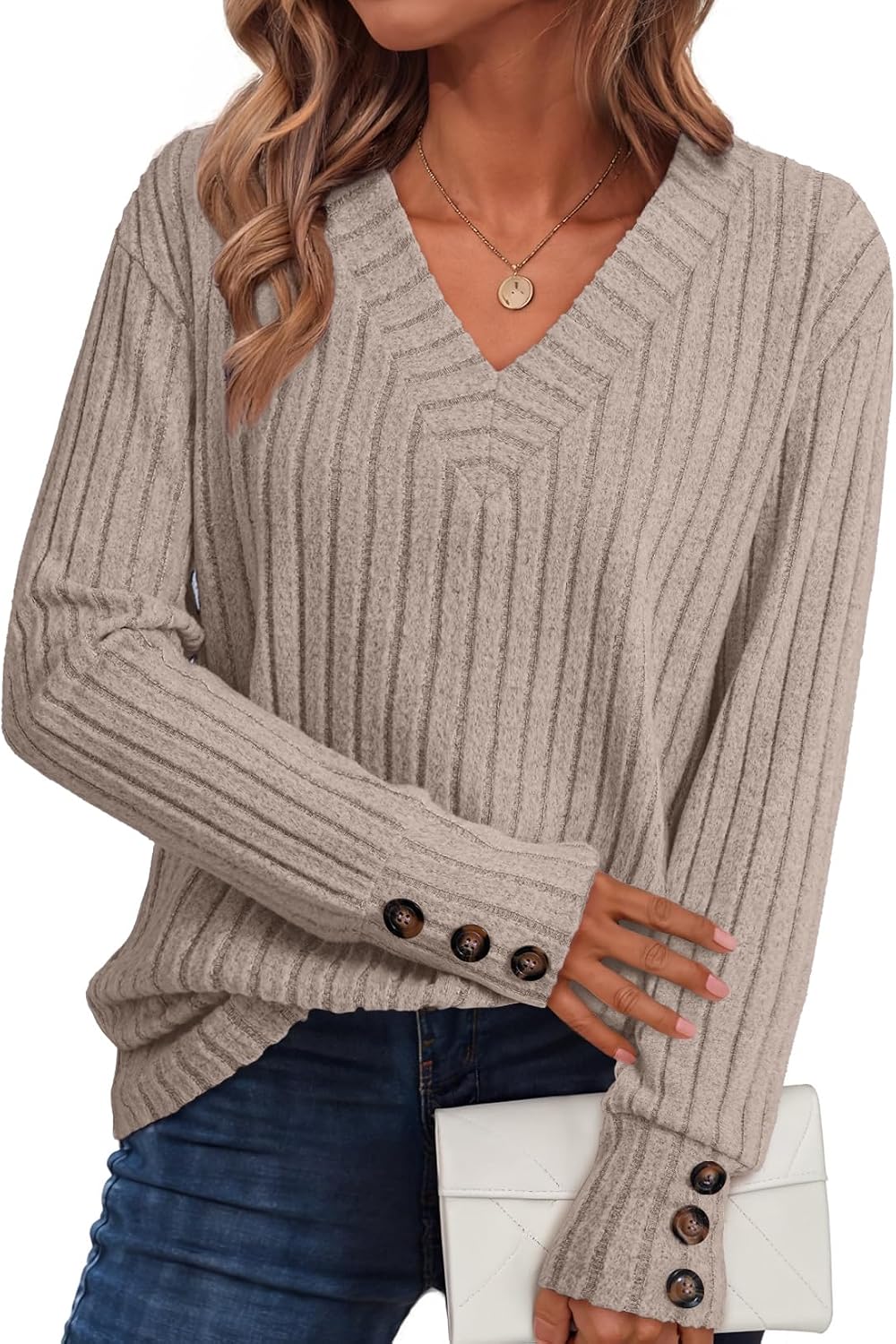 Dokotoo Womens Tops V Neck Lightweight Sweater Fall Long Sleeve Top 2026 | Decorative Buttons, Soft Breathable Knit Material, Pullover Tunic Tops, Business Casual, Fall Outfits, Winter Clothing 2026