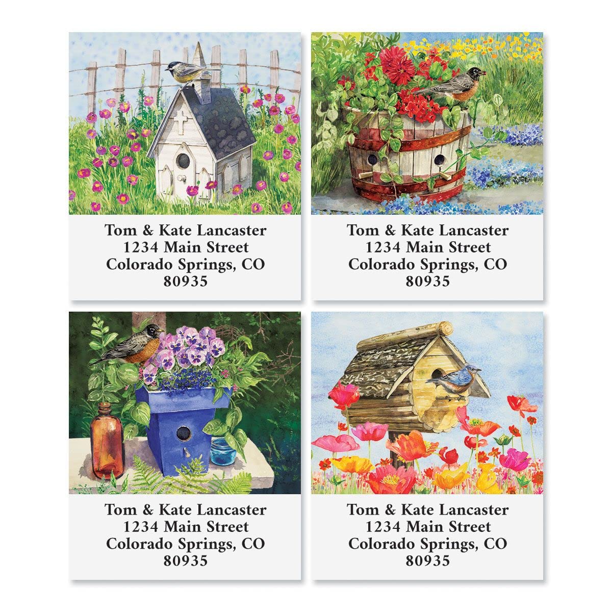 Birdhouses Personalized Address Labels - Set of 144 (3 Designs), 1 ½” x 1 ¾”, Self-Adhesive, Large Flat-Sheet Select Labels, by Colorful Images