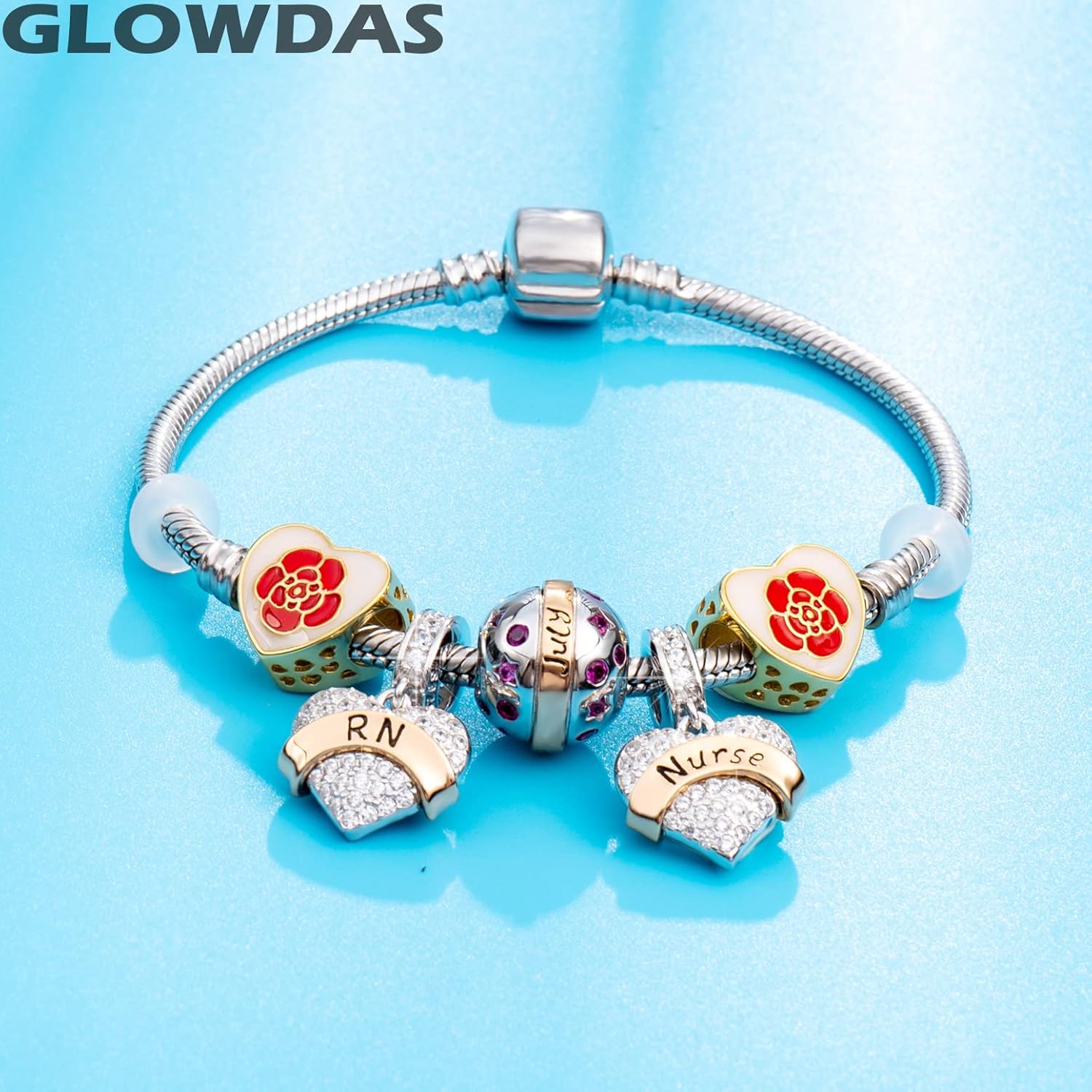 Red Rose Flower Charms in 18K Gold Plated Heart Beads, fit Pandora Valentines Day Bracelet, 925 Sterling Silver Floral Blooming Enamel Charms, Gifts for Wife/Bride - Image 5