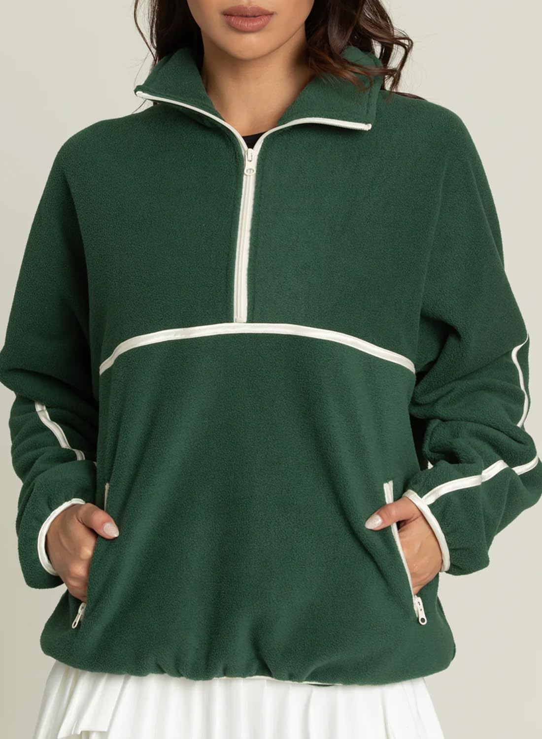 Half Zip Sweatshirt Women Fleece Pullover Lightweight Oversized V Neck Fuzzy Winter Coats with Pockets - Image 8