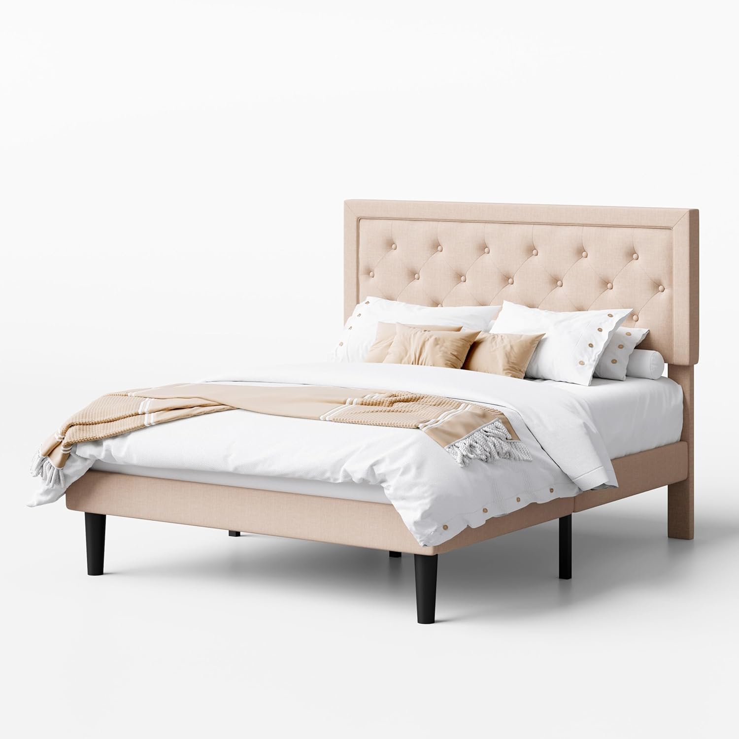 SHA CERLIN Queen Size Upholstered Bed Frame with Adjustable Diamond Tufted Headboard, Sturdy Wood Slat Support, Noise-Free, Beige