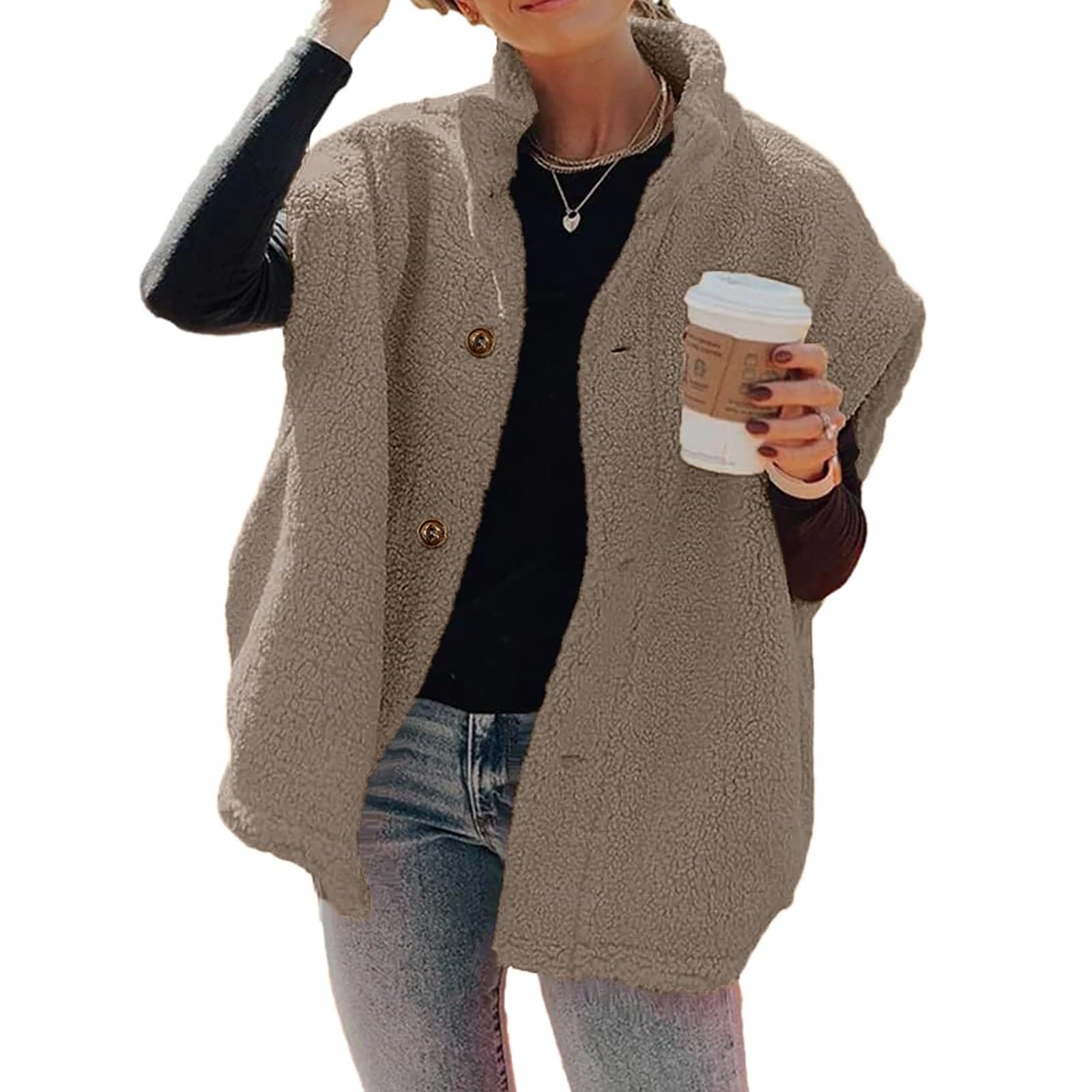 FUPODD Fleece Weste Für Damen Winter Leicht Teddy Damen-Westen Elegant Knöpfe Fleeceweste Ärmellos Plüschweste Einfarbig Flauschig Teddyfleece Longweste Taschen Plüsch Teddywesten Frauen Kuschelig