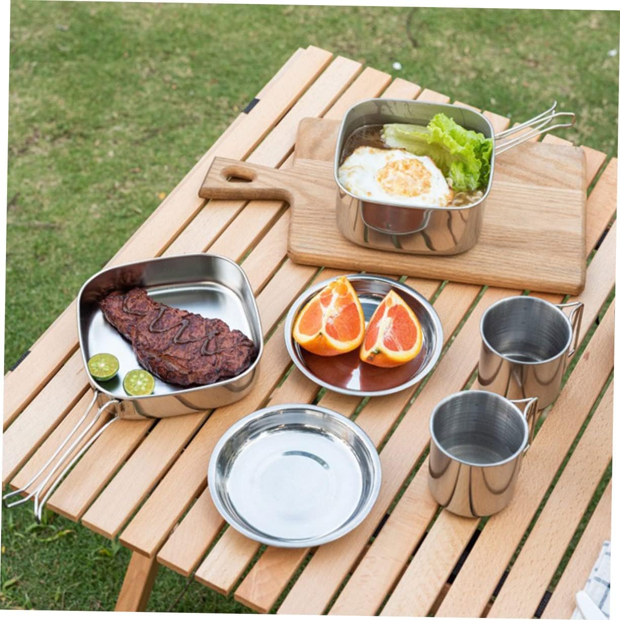 Camping Hiking Cookware Kit Stainless Steel Pot Pan Plates Cups Multipurpose Outdoor Cooking Equipment