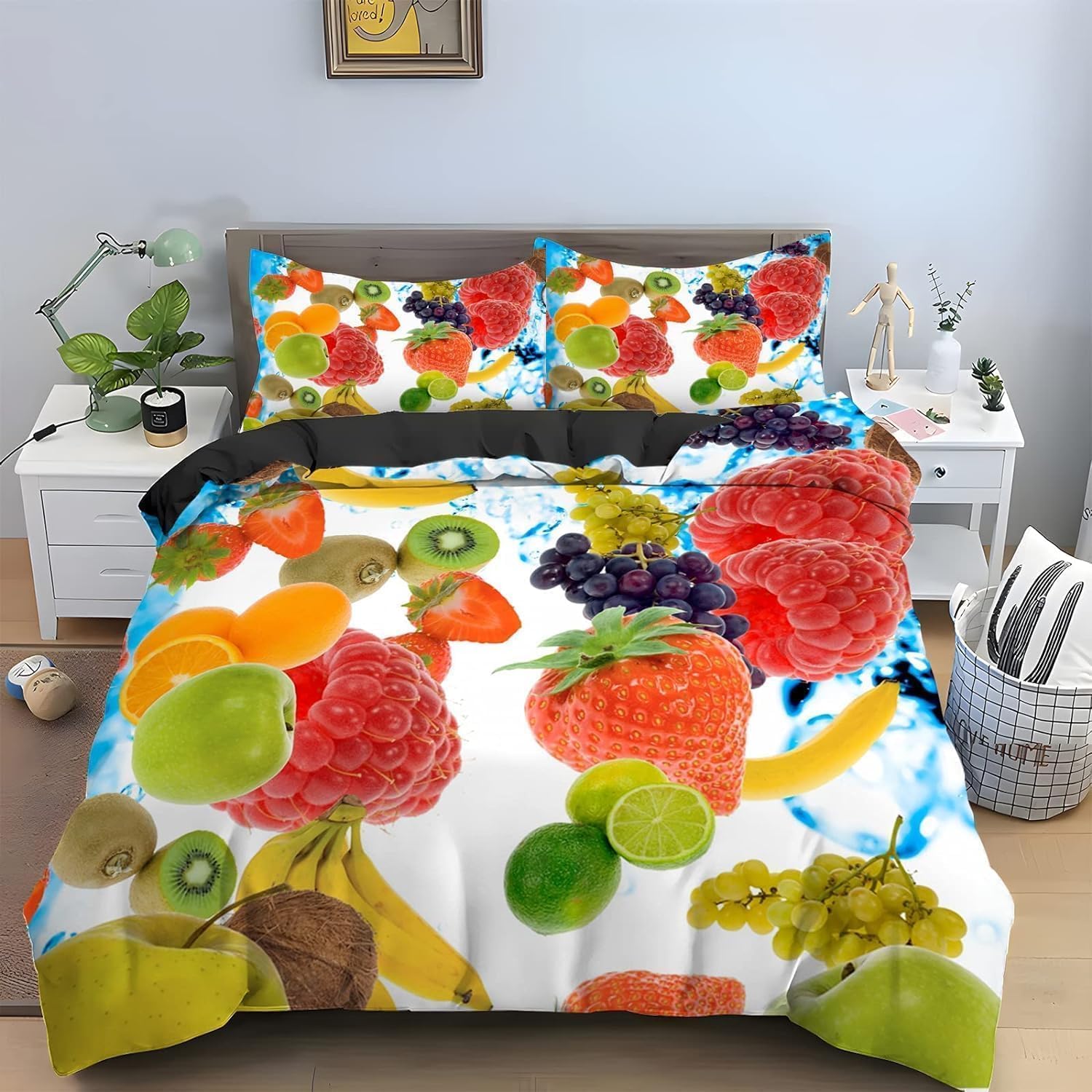 Housse de couette 160x200 lit 1 personne microfibre douce imprimé fruit 3D pour enfant