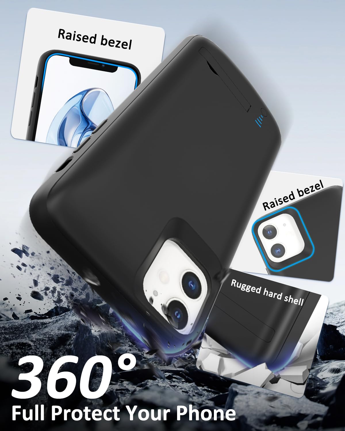 Akkuhülle für iPhone 11（6.1",6800mAh）, Schlanke Wiederaufladbare Erweiterte Ladehülle Powerbank mit Standfuß, Tragbare Schützende Telefonhülle mit Akku für iPhone 11