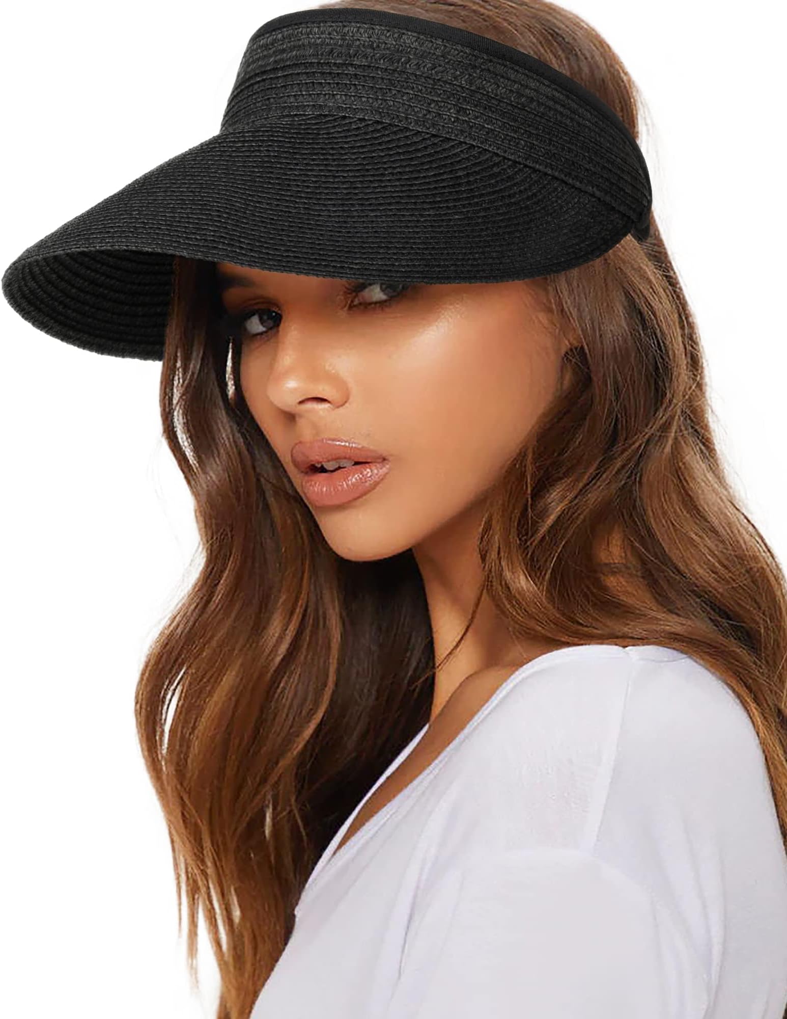Womens Sun Visor Hat Straw Sun Visors for Women Summer Packable Ponytail Beach Hats for Women Travel UPF 80+