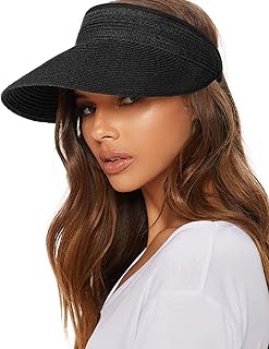 Womens Sun Visor Hat Straw Sun Visors for Women Summer Packable Ponytail Beach Hats for Women Travel UPF 50+
