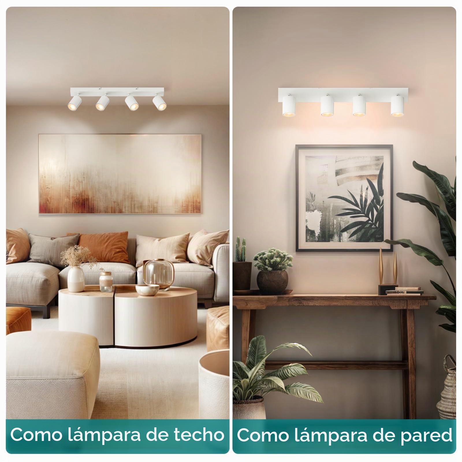 Wowatt - Lámpara de techo (4 focos, GU10, Rampa de foco orientable, lámpara de foco de techo blanco, luminaria para interior de techo, iluminación LED, techo giratorio, para sala de estar, dormitorio,