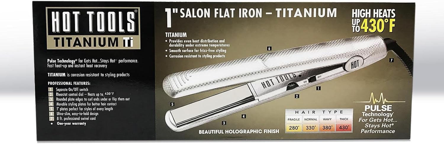 Hot Tools Ceramic 1" Straightening Iron with Ceramic Titanium Plates, Features a Rheostat Control Dial - Heats Up to 430°F & Rounded Plate Edges, Extra Long Power Cord