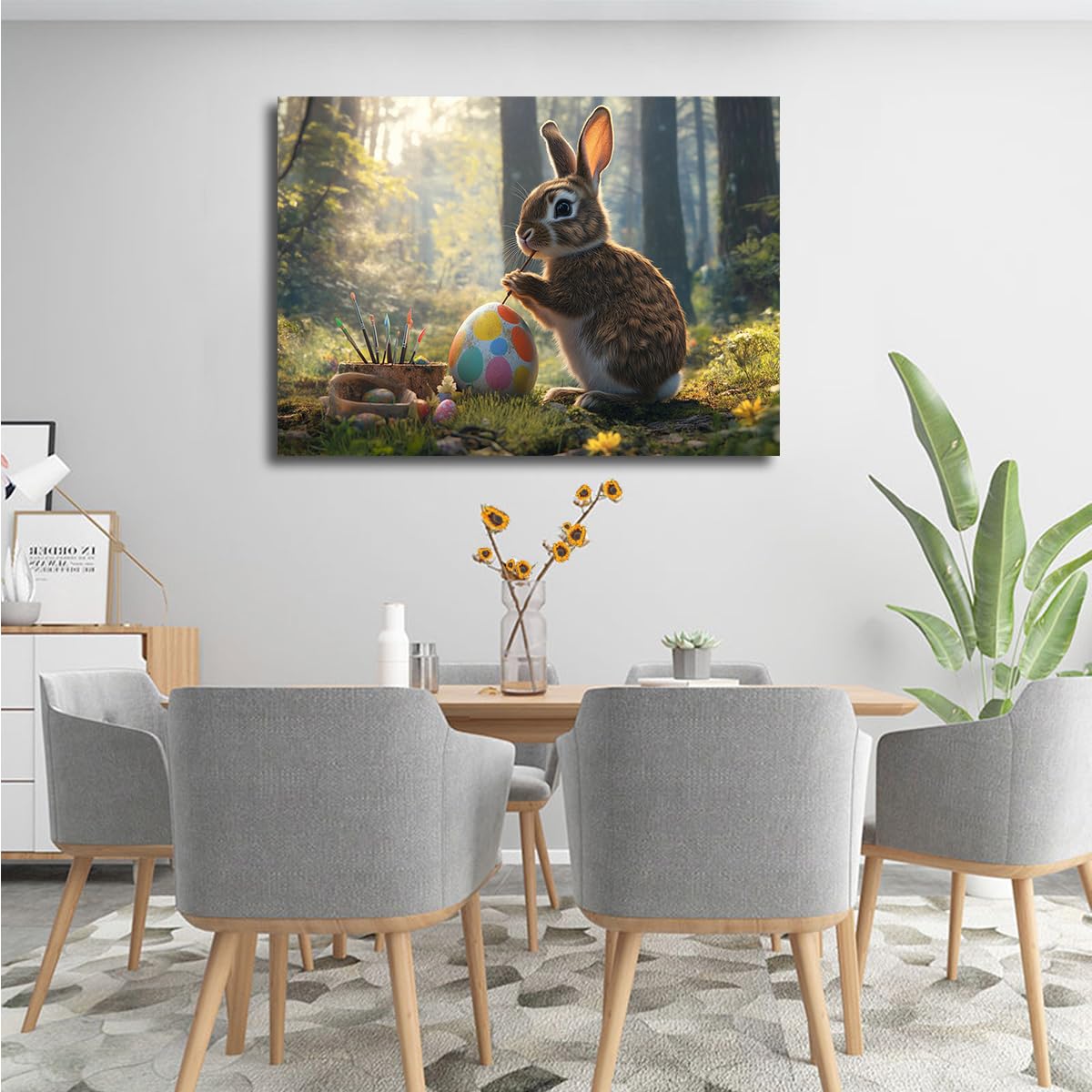 YUNART Wiosenny las obraz na płótnie, sztuka ścienna, malarstwo zajączków, jajka wielkanocne, przestrzeń plakatowa, estetyczna dekoracja, dekoracja ścienna do salonu, 70 x 100 cm, rama wewnętrzna