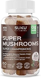 SUKU Vitamins - Super Mushroom -Reishi Chaga, Turkey Tail & Lions Mane Blend Gummies for Immunity - Easy to Chew - Non GMO, Gluten Sugar Free - Espresso Decaffeinated Flavored Gummy Vitamins, 50 Count