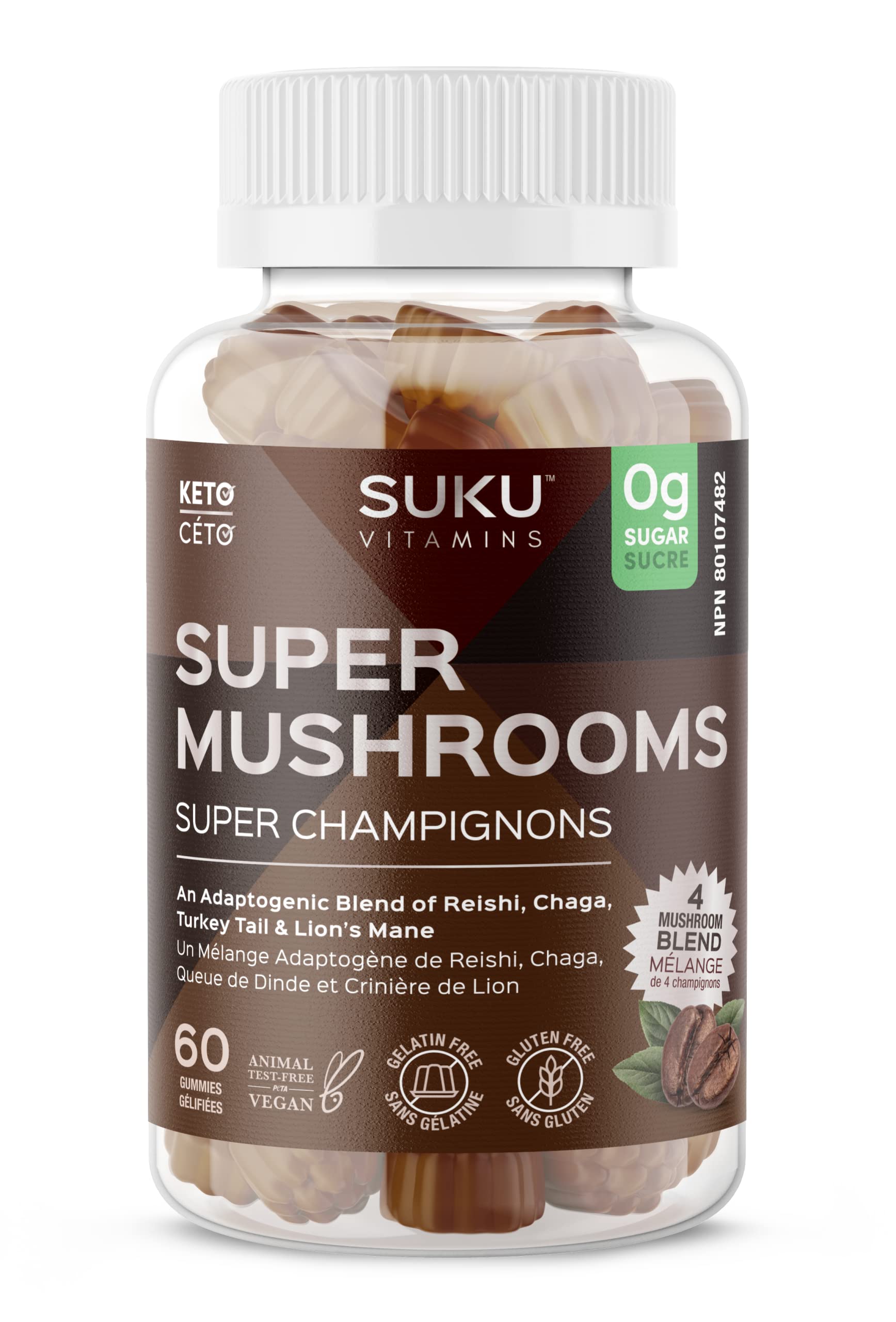 SUKU Vitamins - Super Mushroom -Reishi Chaga, Turkey Tail & Lions Mane Blend Gummies for Immunity - Easy to Chew - Non GMO, Gluten Sugar Free - Espresso Decaffeinated Flavored Gummy Vitamins, 50 Count