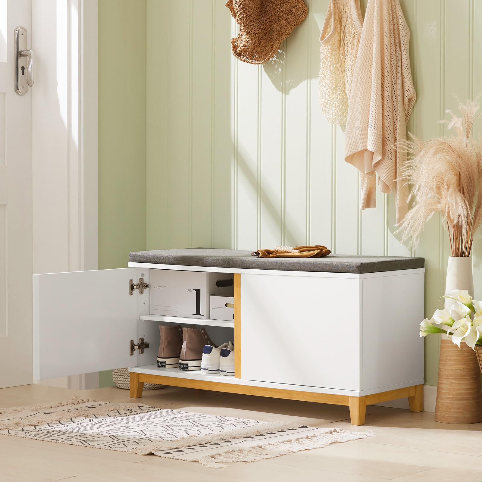 SoBuy Panca Scarpiera Ingresso con Seduta, Cassapanca Contenitore da Interno con 2 Ante, in Legno ingegnerizzato + Bambù 90x34x46cm Bianco FSR117-W