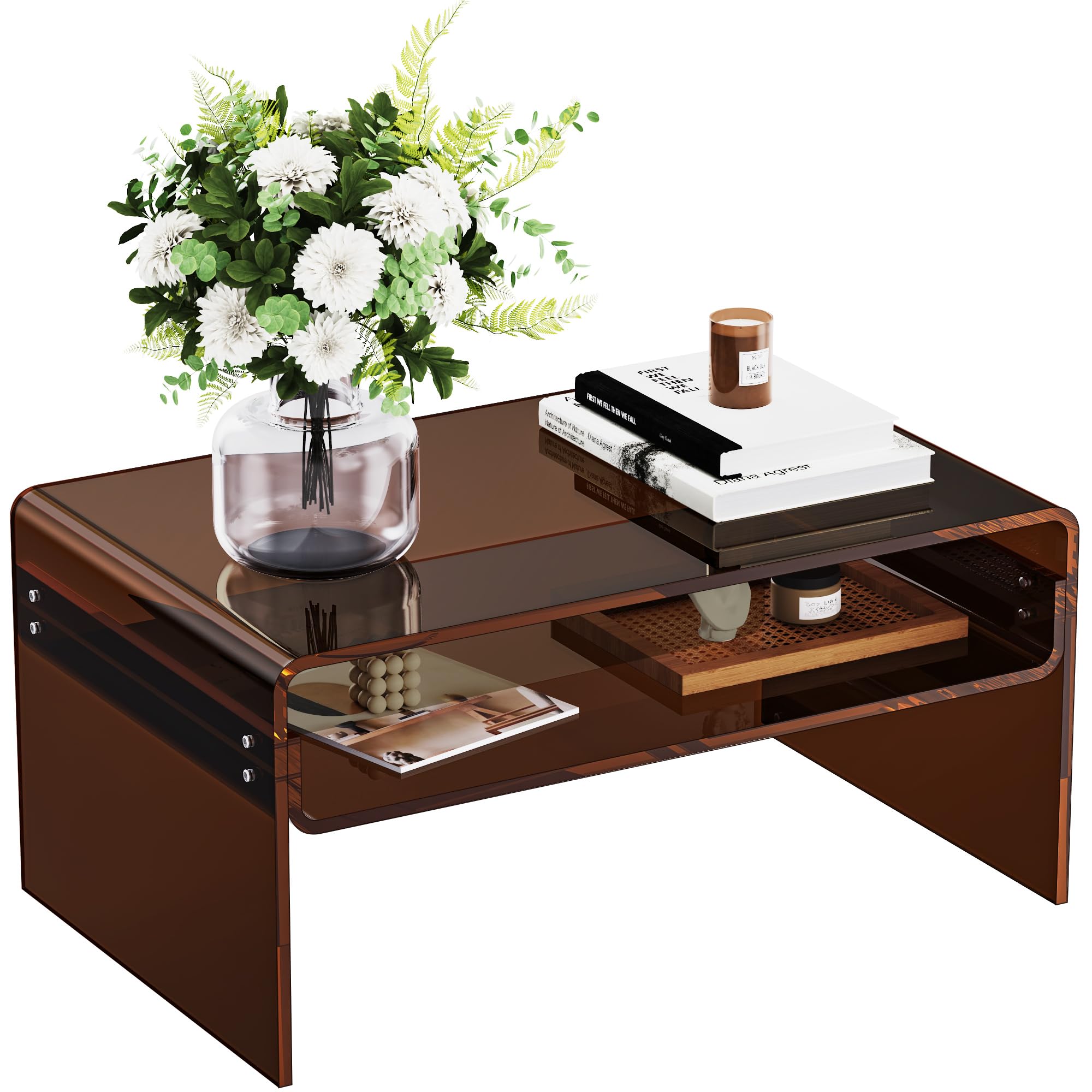Acrylic Coffee Table for Living Room Clear Rectangle Lucite Table with Open Storage Shelf (1, Dark Brown, Large) Large Dark Brown 1