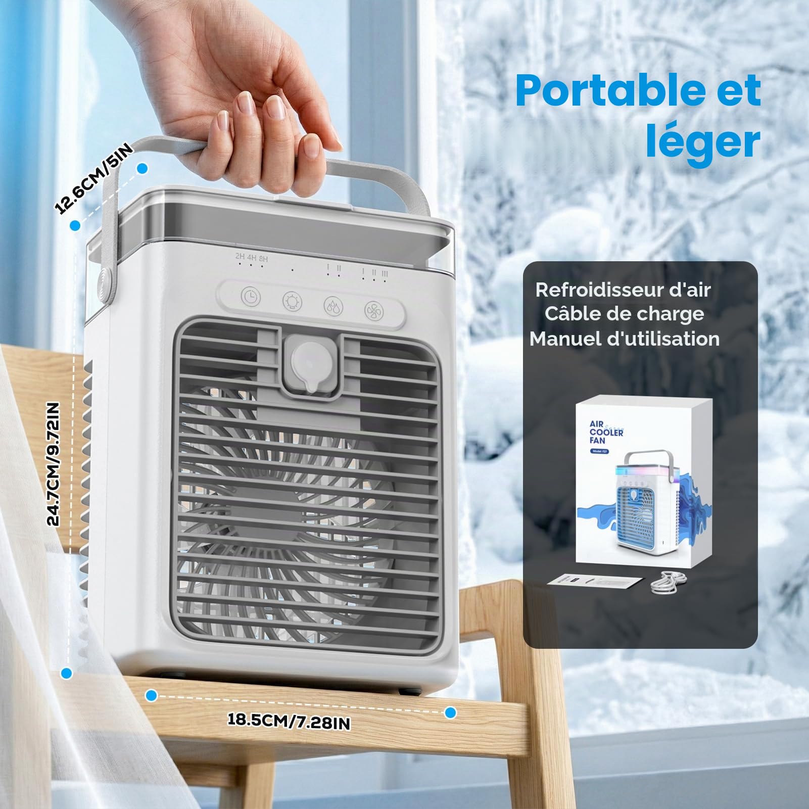 Climatiseur Portable, 3-en-1 Refroidisseur par Évaporation avec 3 Vitesses & 2 Modes Brumisation, 1000ml Mini Climatiseur, Ventilateur USB avec Lumière RGB & Minuterie pour Chambre Bureau Voiture