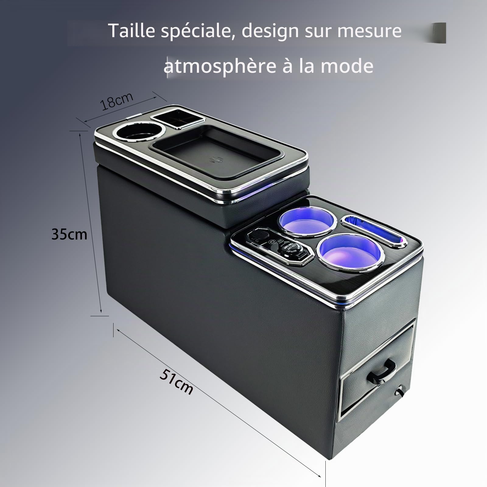 Console Centrale avec Lampe LED 7 Couleurs et Recharge Inductive Sans Fil Compatible VW T4 T5 T6 T7 t6.1 2003-2019, Accoudoirs avec USB et Lampes LED Accessoires en Cuir, Noir