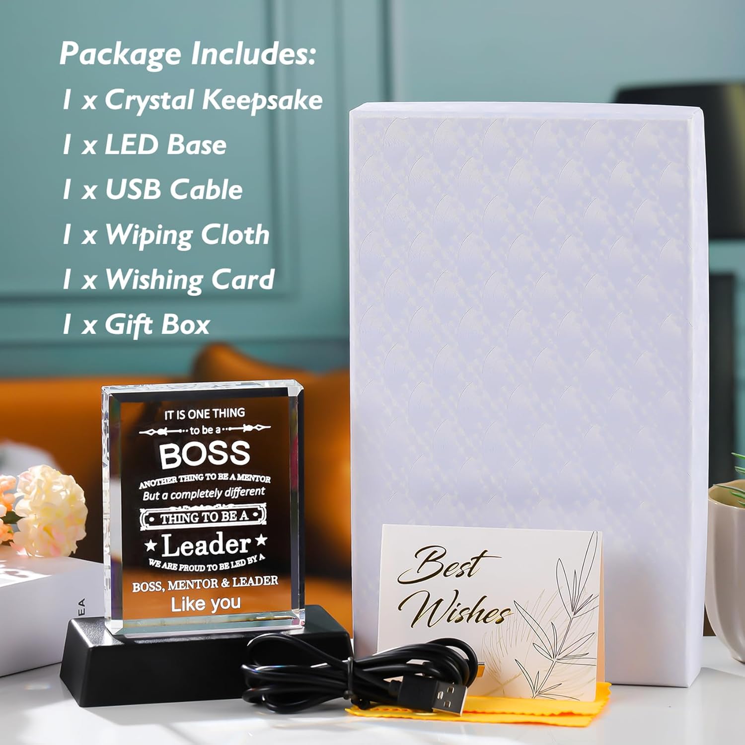 Best Boss Gifts for Men Women - World Best Boss Crystal Plaques with Light Base - Boss Retirement Farewell & Thank You Gifts for Mentor, Leader Home Desk Office Decor