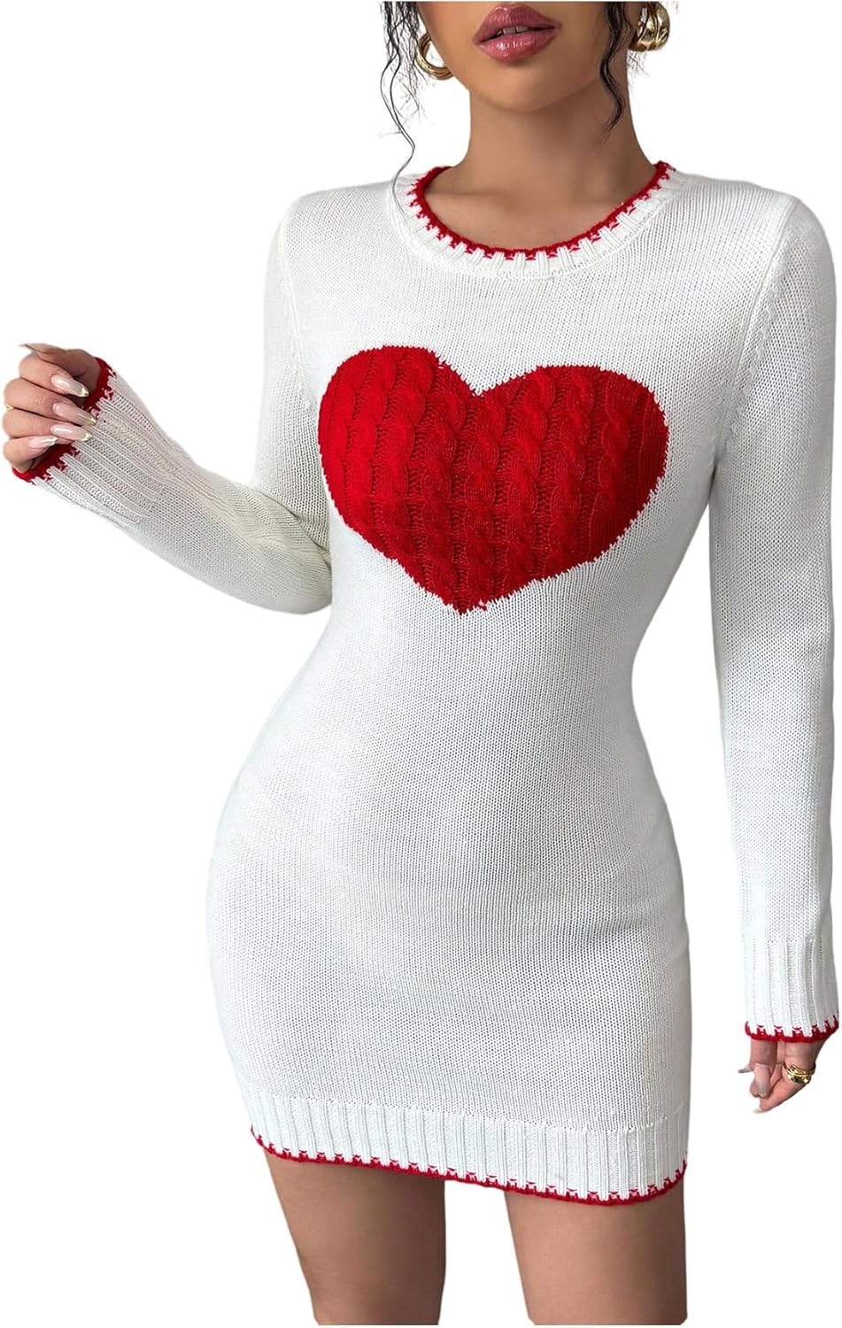 Floerns Women's Heart Sweater Dress Crewneck Knitted Fall Bodycon Mini Dresses