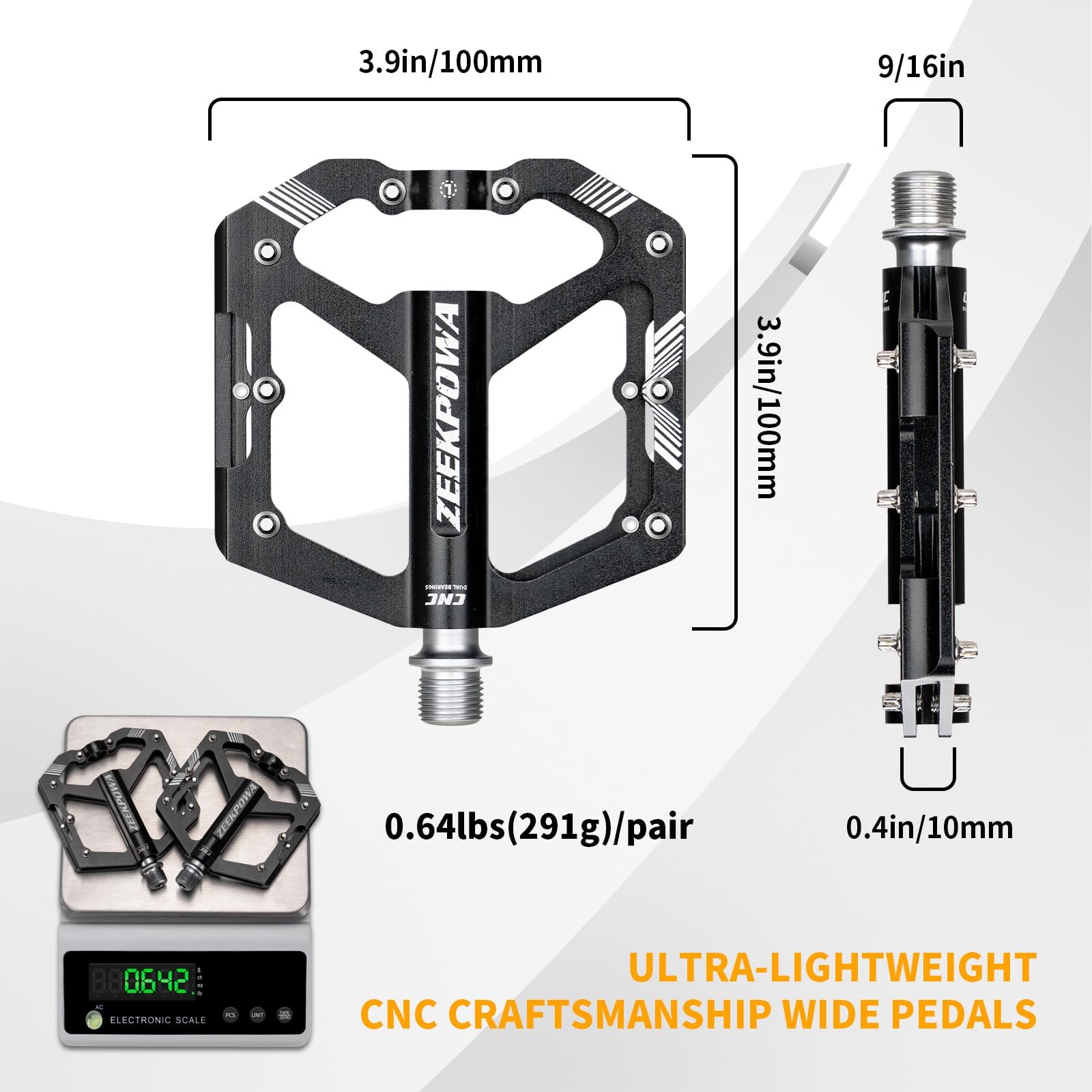 Zeekpowa Pedali per bici Pedali per mountain bike Pedali piatti per bicicletta Pedali piatti 16 Chiodi antiscivolo rimovibili 9/16 "Cuscinetti sigillati con mandrino cromato Ultra CNC Pedali in