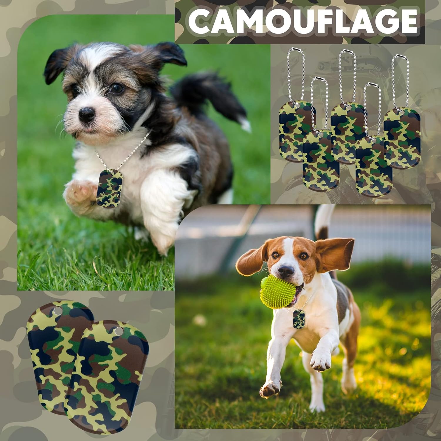 Yinkin 100 Pcs Military Dog Tags Army Camouflage Dog Tags Acrylic Military Camo Party Favors Supplies Include 50 Camo Necklaces with 50 Beaded Chains for Women Men Gifts(Dark Green)