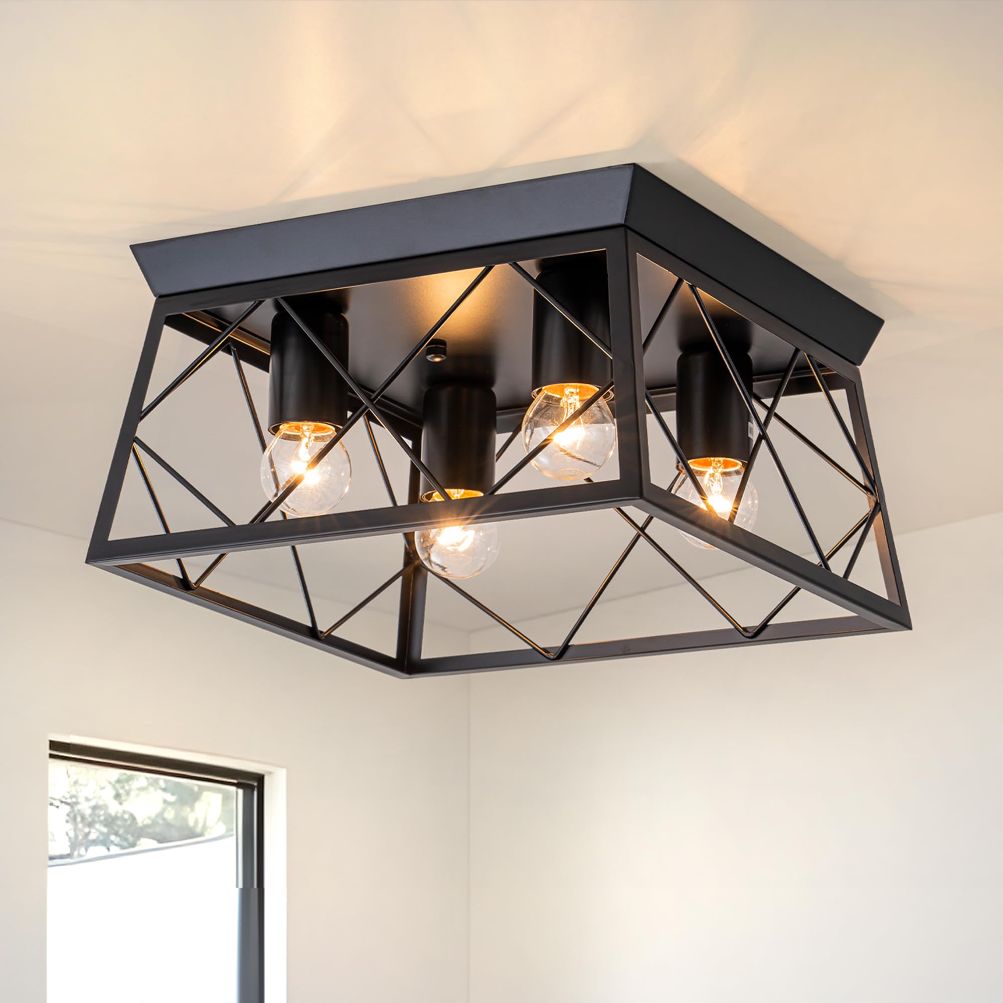 FTL 4-Light Ceiling Lights Black, Industrial Square Ceiling Light, E27 Close to Ceiling Light Fittings, Metal Cage Ceiling Lighting Fixture, Living Room Flush Mount Ceiling Lamp for Hallway, Bedroom