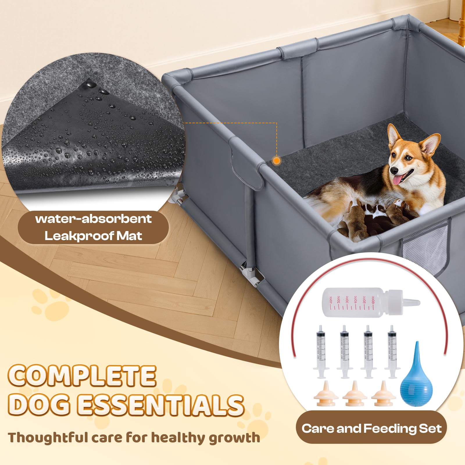 Pawtenda Caja de parto para perros y cachorros, con kit de cuidado de cachorros de 5 piezas | 47 x 47 x 24 pulgadas, para perros de raza mediana y grande, corralito de tela Oxford resistente al desgarro con ventosas