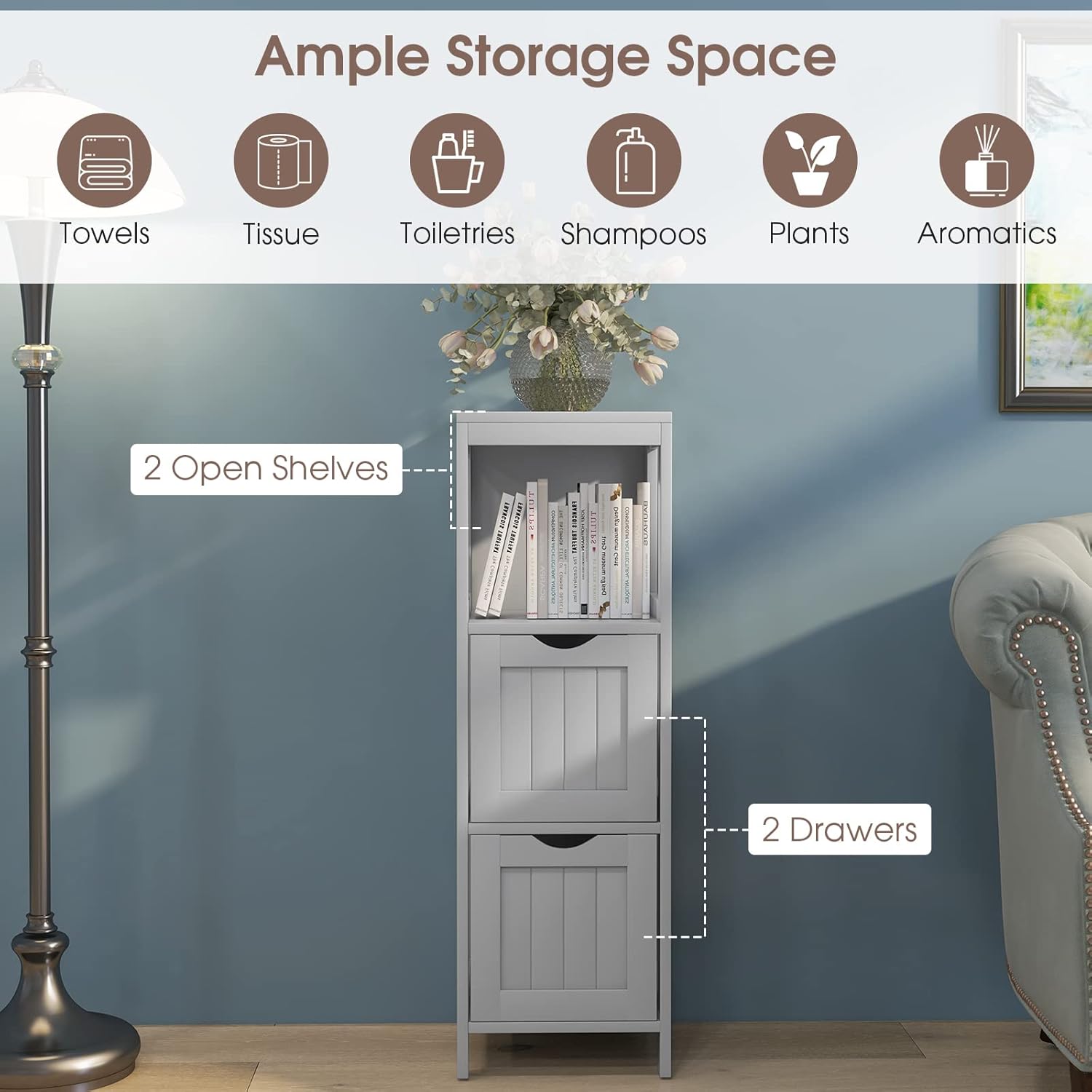 LOKO Bathroom Storage Cabinet, Narrow Freestanding Floor Cabinet with 2 Removable Drawers & 2 Shelves, 35” 4-Tier Tower Storage Organizer for Bathroom, Living Room, Entryway (Grey)