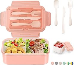 LUZOON Lunch Box, 1400 ml Bento Box for Children and Adults with 3 Compartments and Cutlery Plastic Lunch Box, BPA-Free, Microwavable (Pink+Sauce Containers)