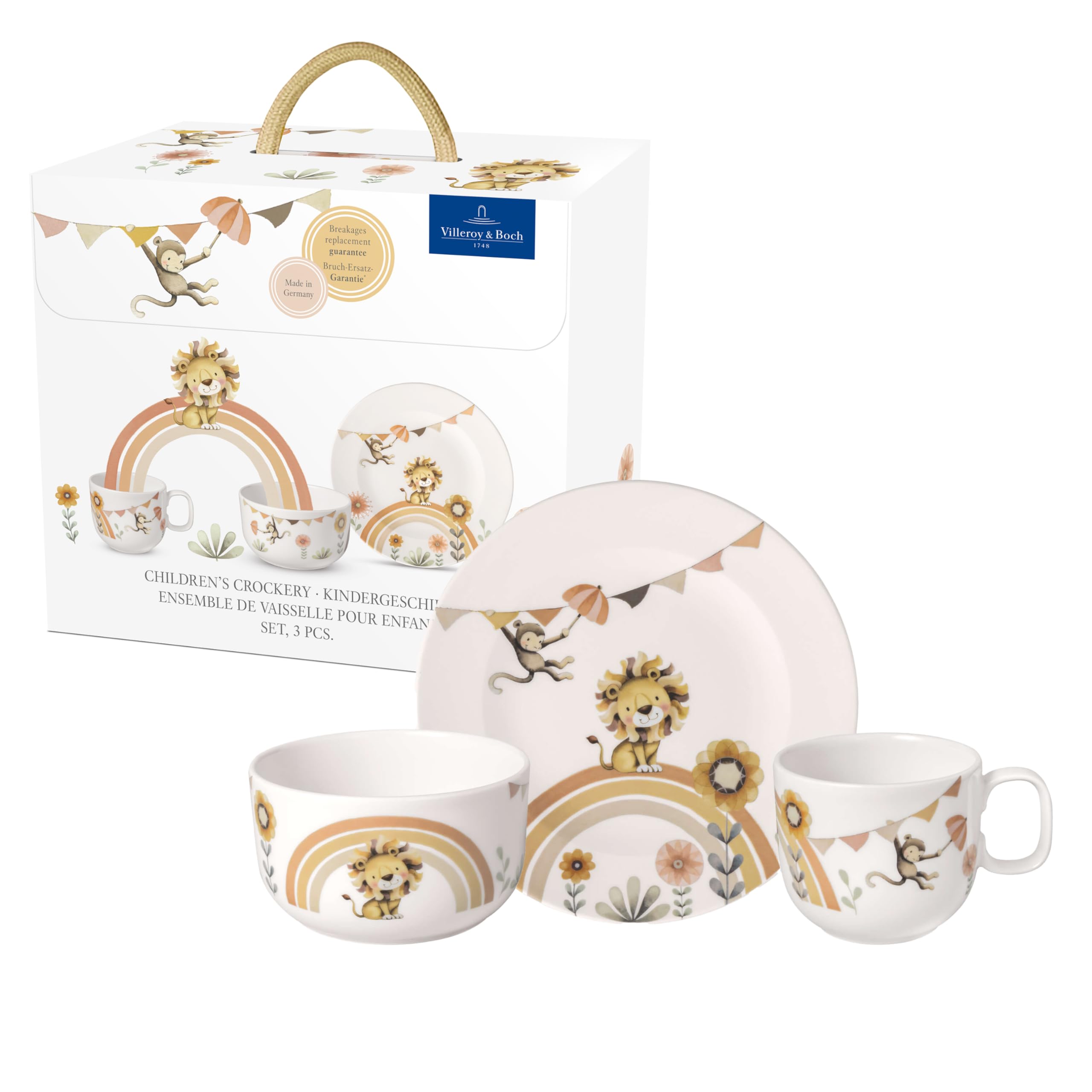 Villeroy & Boch - Boho kids Roar like a lion Ensemble de vaisselle pour enfants 3 pièces, Vaisselle en porcelaine et couverts en acier inoxydable, Lavable au lave-vaisselle, Compatible micro-ondes