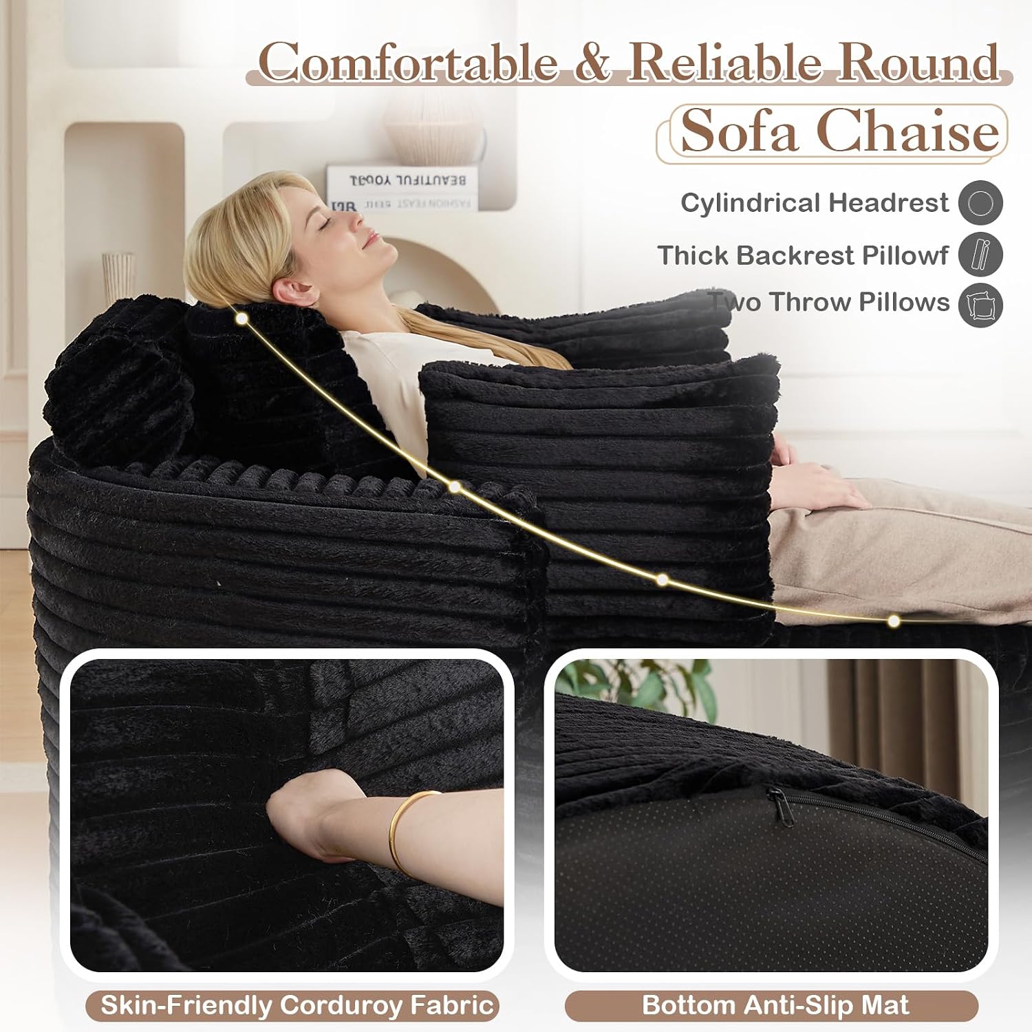 Antetek Round Sofa Chair, Circle Accent Single Lazy Corduroy Cloud Deep Seat Floor Foam Comfy Boneless Compressed Reading Chaise Lounge Chair with Pillows for Living Room Bedroom Office Study, Black